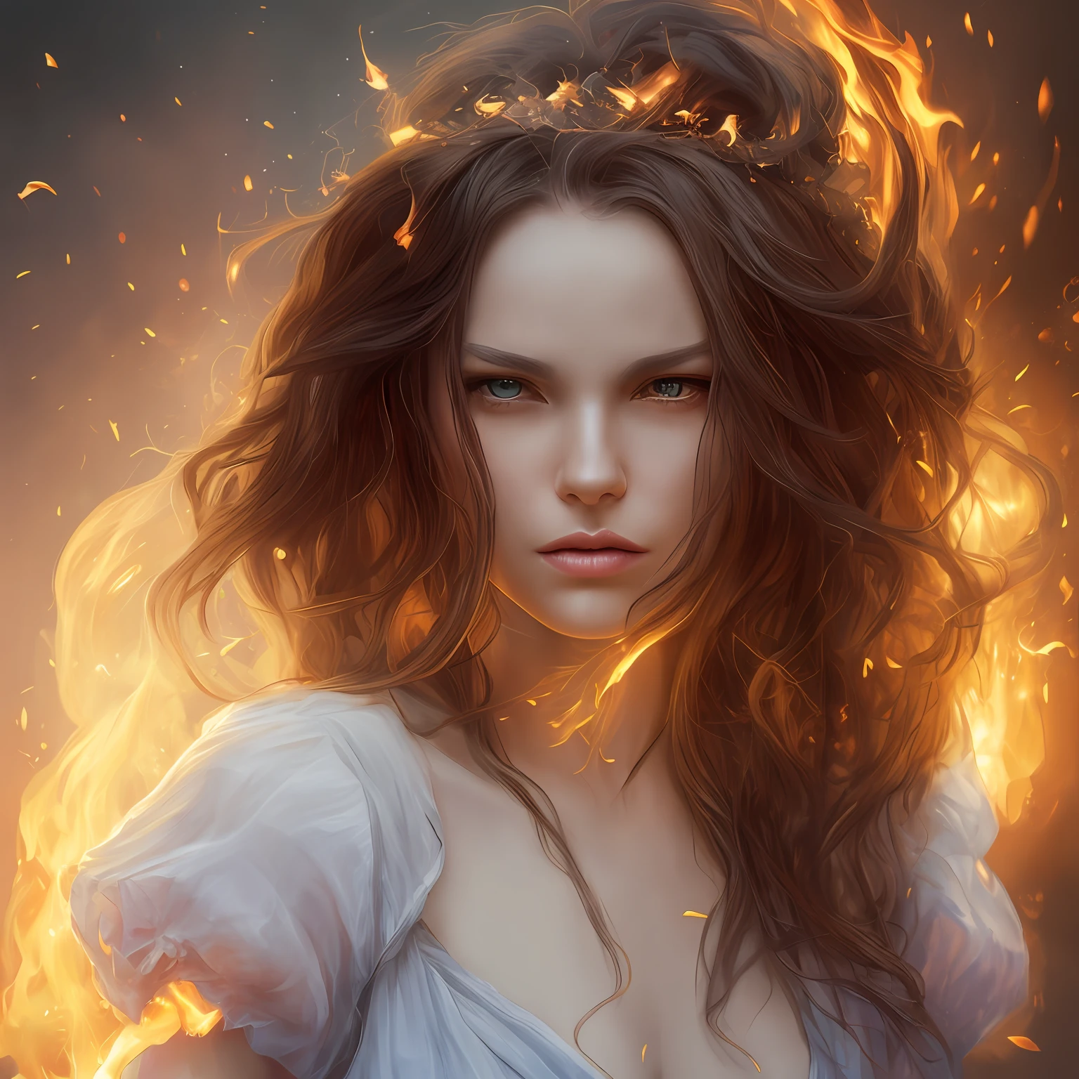 Enraged fire goddess, incandescent skin, flowing crimson hair that dances like flames, fire robe, sparks, radiant, fireball, spellcast, golden glow, flickering eyes, Furious, by Vladimir Volegov and Android Jones, cinematic lighting, insanely, highly detailed, perfect composition, masterpiece, best quality, 4k, sharp focus, perfect anatomy --auto