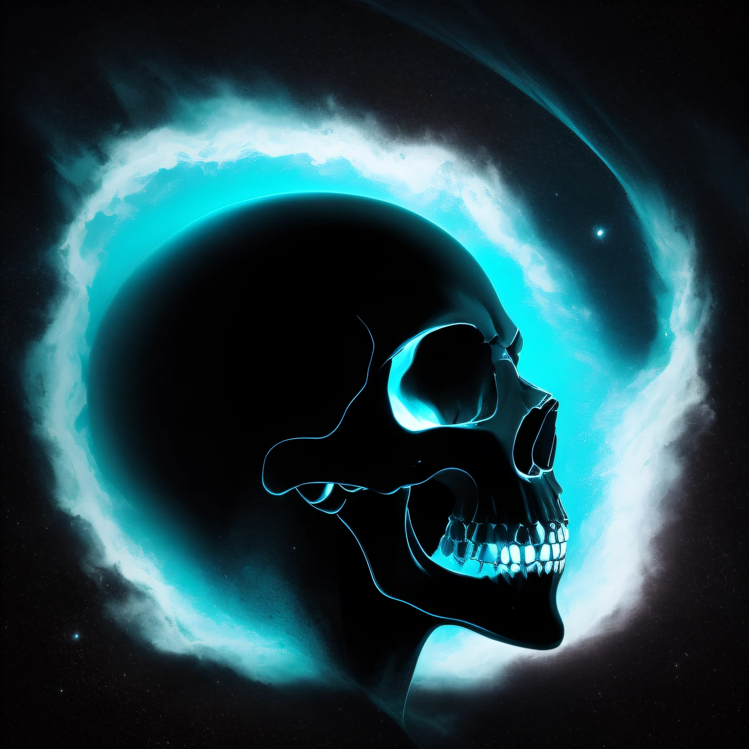 Alberto Seveso's art, complex and intricate, of an SKULL REAPER lost remotely in space in a fragmented space, where he breaks into a rain of gullies, space-time reality effect style, glowing black coloring marking the depth and existing darkness , striking and deep colors to mark the rain of stars, deep lines, heavy strokes