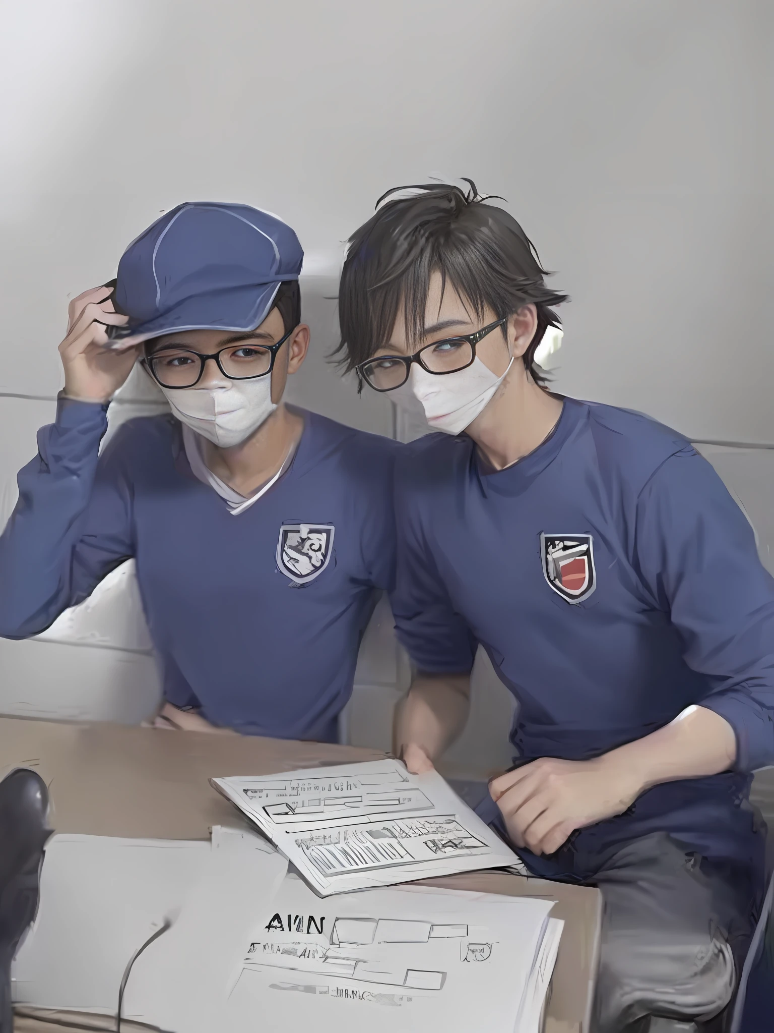 they are sitting at a table with a box of pizza, Katsuhiro e Inio Asano, Uniforme JK, s bonitos, Shinji Higuchi e Tomoki Kyoda, masked doctors, yukio - e, 2 d anime, 2 d estilo anime, ainda de um filme live action, Nerds, De Evangelion, Sakimichan