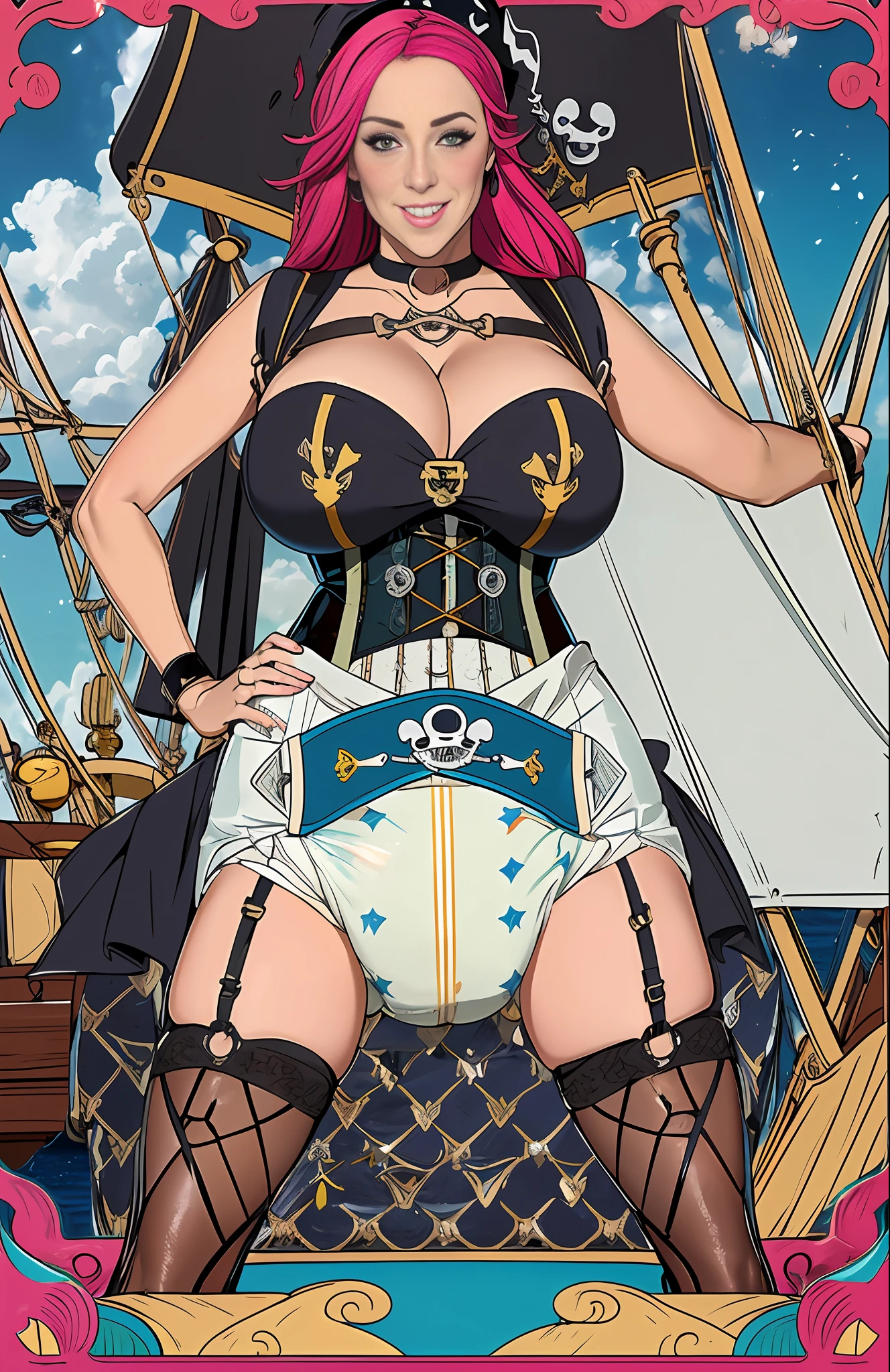 Sexy girl wearing (big diaper), ((Miss Fortune)), busty, (big breasts), wide hips, (latex), stockings, fishnets, (corset), (hypnotic), (magical), (blushing), ((confident)) pleasure, ((orgasmic)), colorful, ((mommydom)), ((pirate)), (pirate ship), ocean, sails, seductive