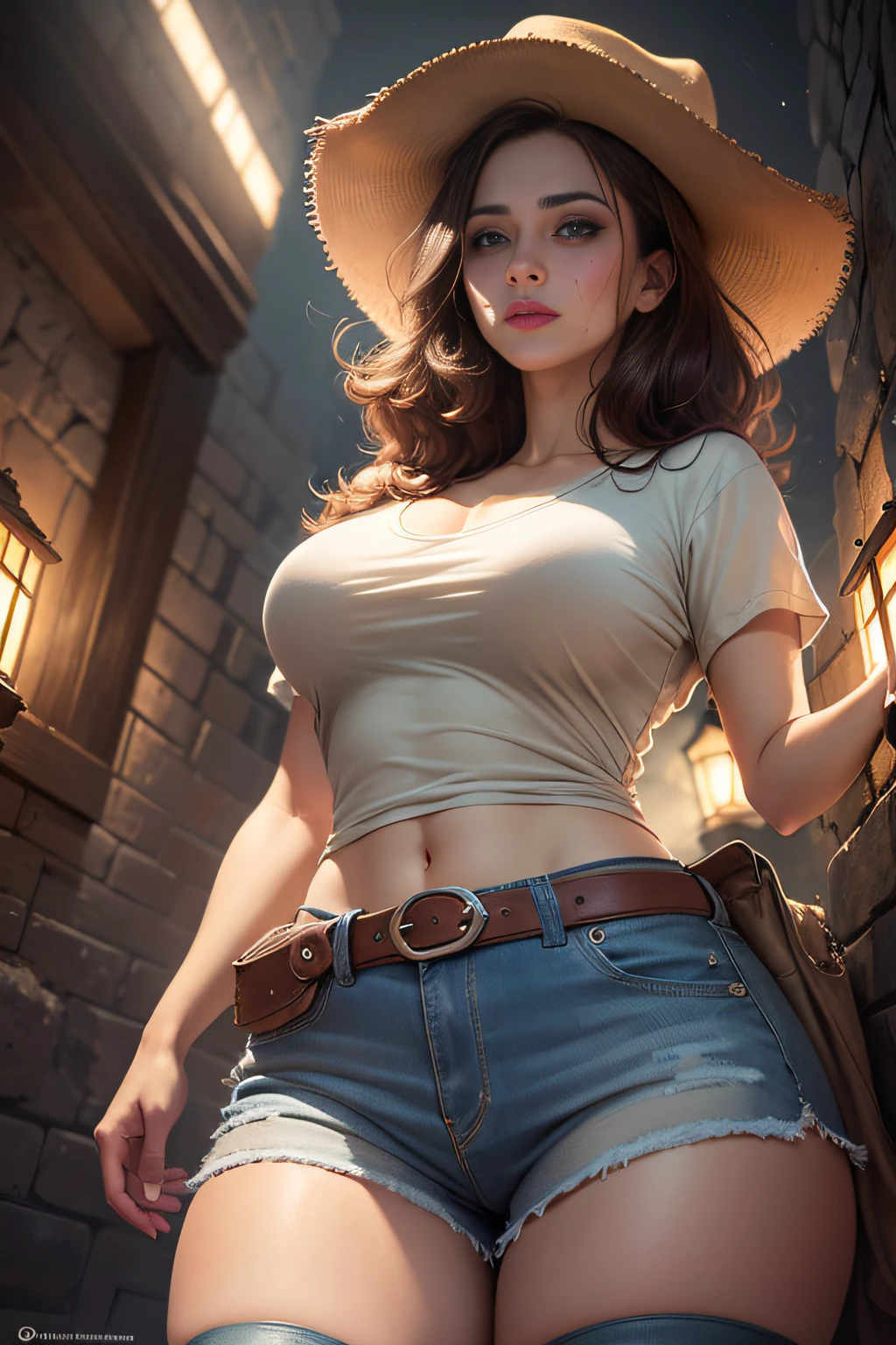 "(Hyper realistic, photorealistic, 8k, intricate details)), ((front low angle image)), 1 a beautiful archaeologist woman, hot, lady, Maiden, girl, with blue eyes and brown hair, full breasts, thick thighs , silky skin, sweaty face, sweaty (humid) body, wearing a beige safari hat, a beige short-sleeved shirt and a pair of jean shorts, Boots, with an apprehensive look on her face ((face well detailed)) is walking down a Mysterious dark chamber (Dark environment, dimly lit) of an ancient pyramid, with a lantern in hand, illuminating your way"(dim lighting, escura, humid environment, sombras realistas)."