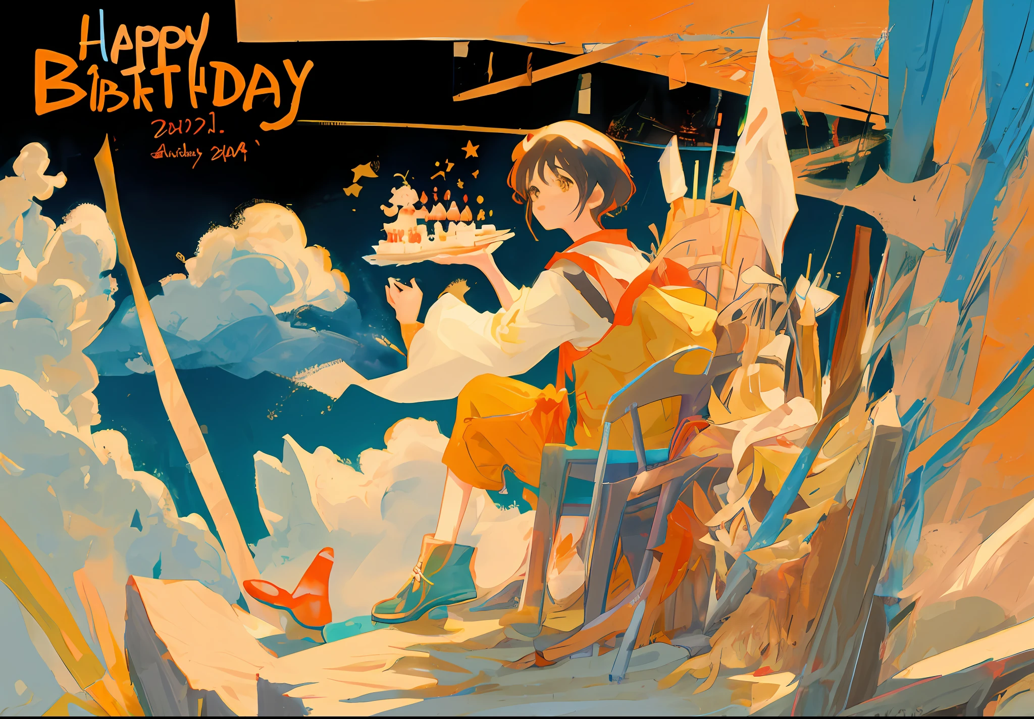 Hayao Miyazaki style birthday cake,The main colors are orange and yellow,By SD up sand than blow candles。