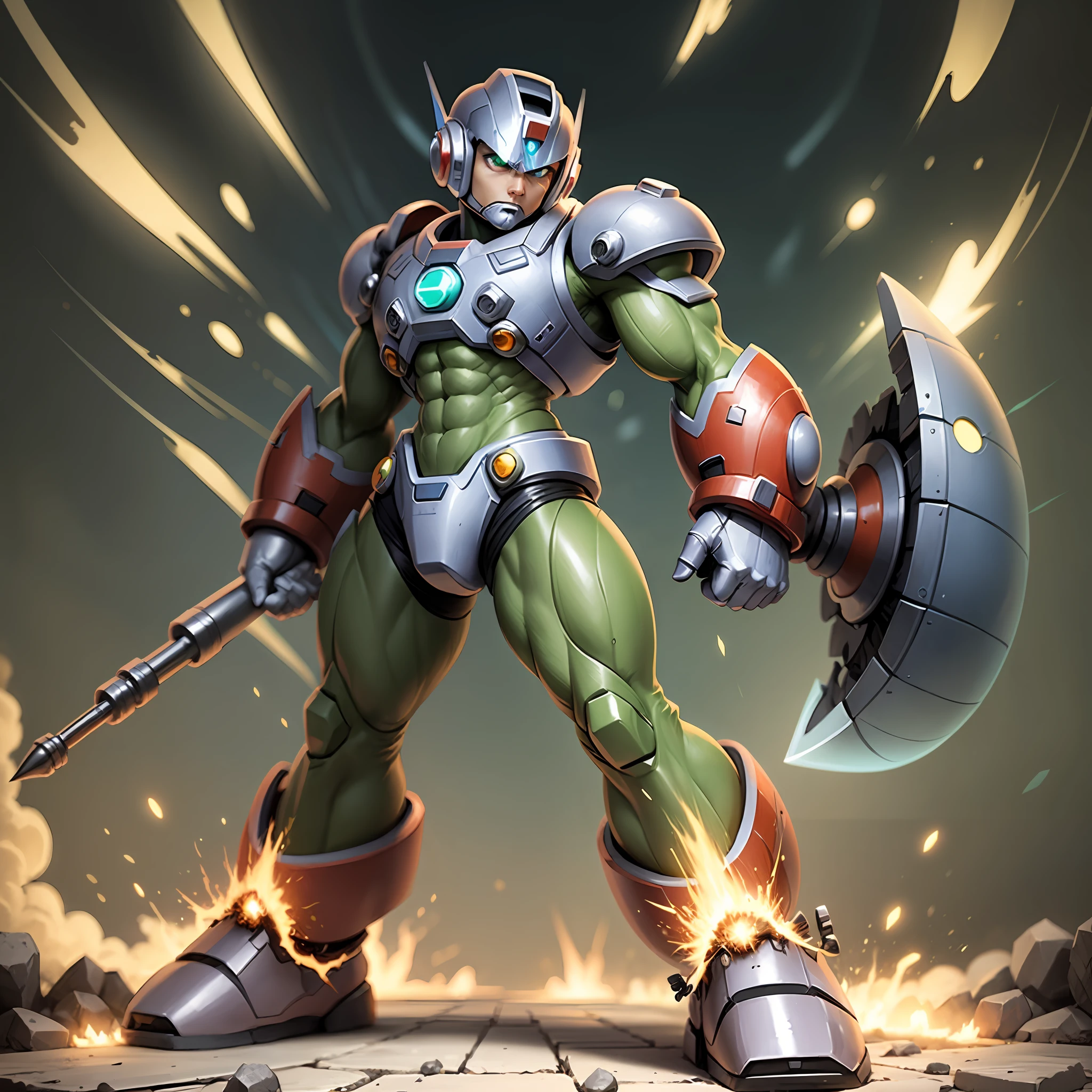 Mega man x adult with green muscles and eyes, com uma mega arma x buster soltando um plasma