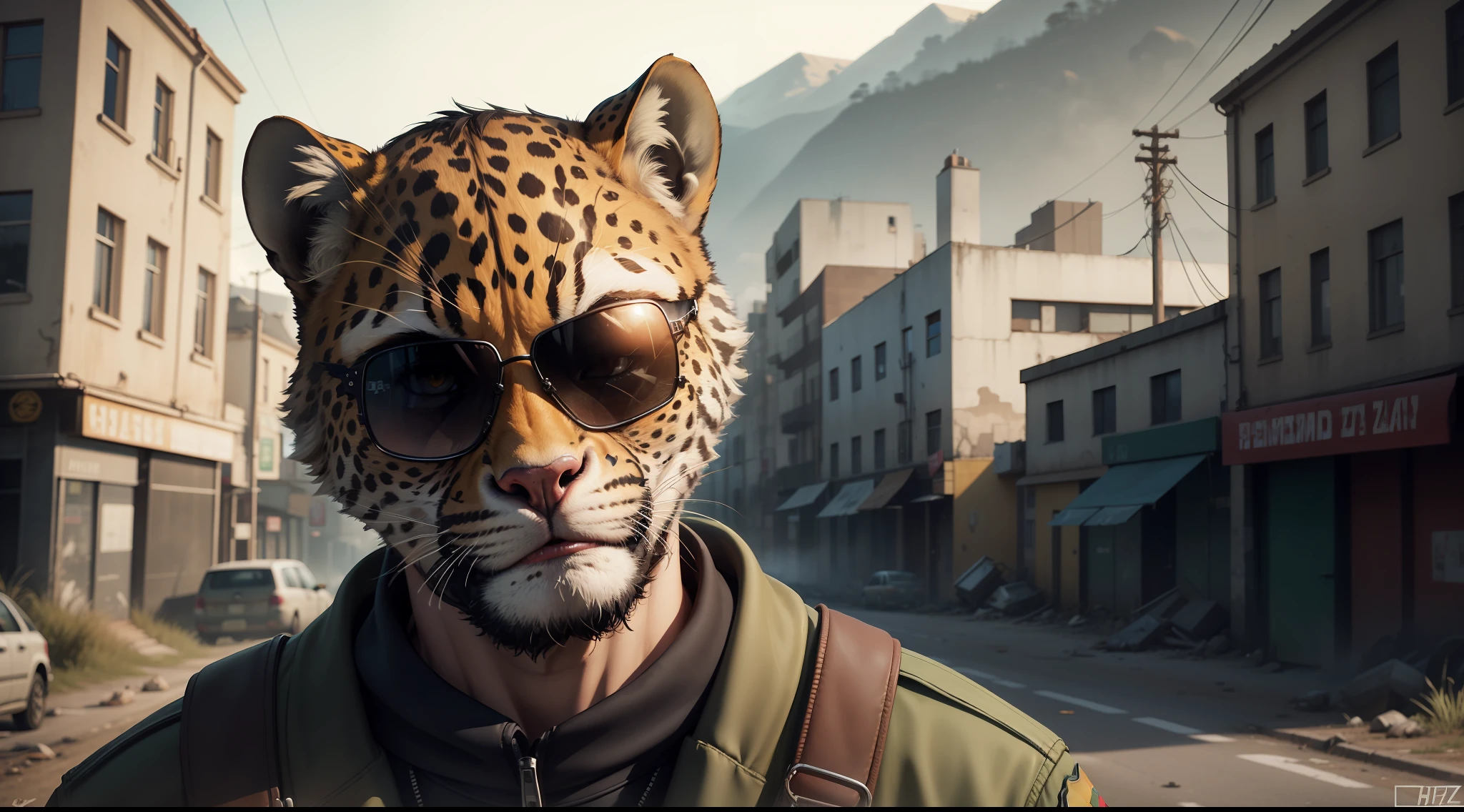 soldado com rosto de cheetah, with sunglasses, paisagem dayz, em chernarus dayz, Detailed scene of a post-apocalyptic world in the background, Detailed Cheetah Mask, Ultra realista, cidade dayz, (fundo dayz) Chernarus