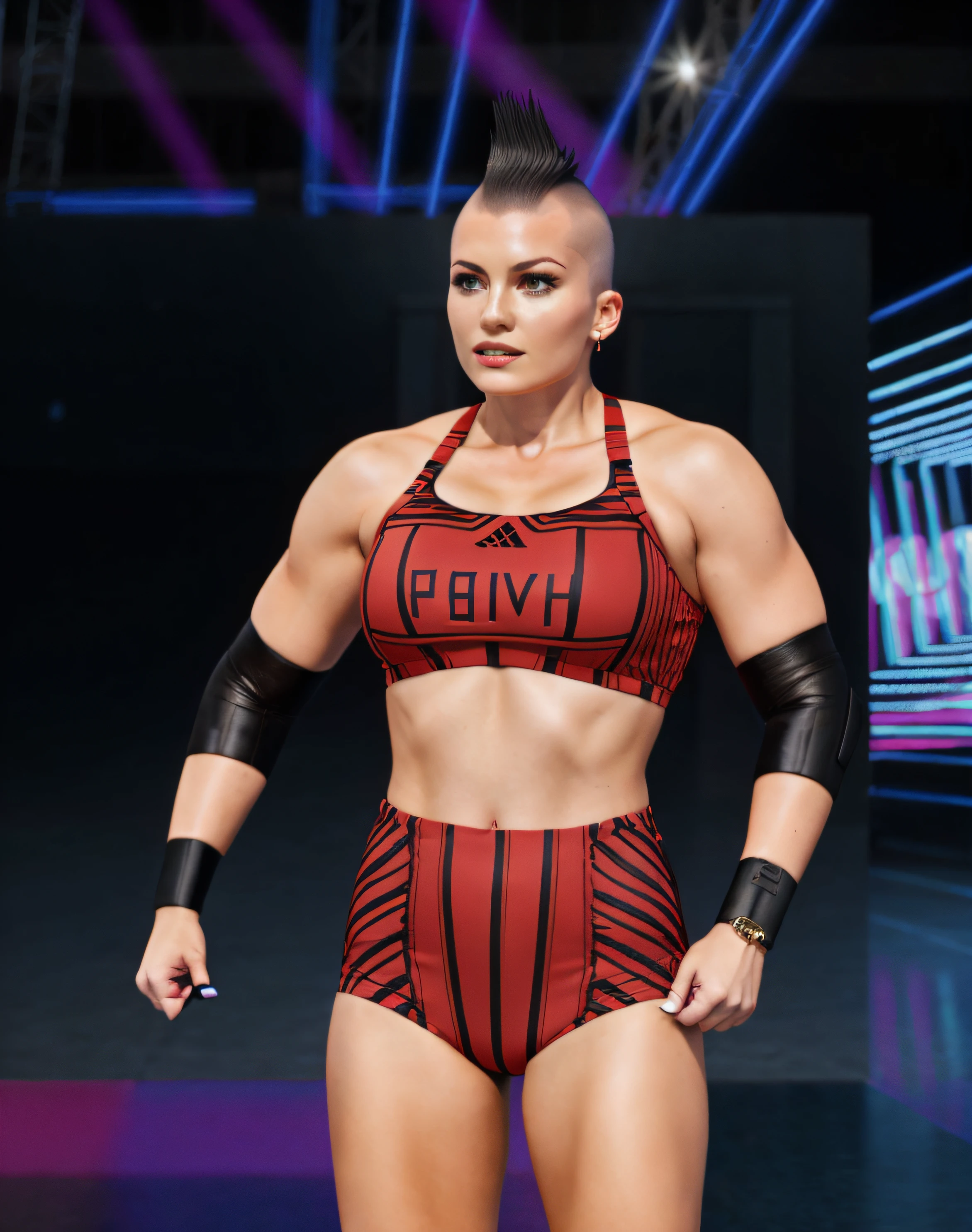 Russian woman with shaved head and brown Mohawk hairstyle, in red and black sports bra that says "OLIVIA", black and red high cut trunks, black elbow pads, black wristbands, photo realistic, intricate details