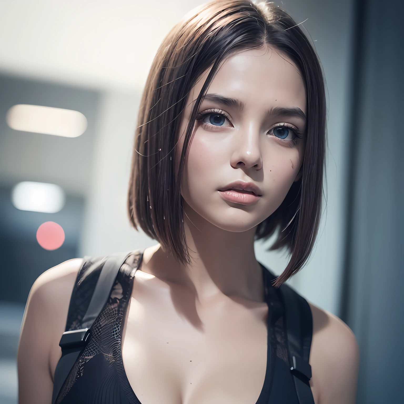 A girl, like a Yael Shelbia, posing for photo, crystal blue eyes, beautiful lips between open, enveloping look, sensual look, asymmetrical short hair, moving hair, ultra realistic hair strands, realistic skin texture, cyberpunk, electronic wires, biochips, cyfy, ultra detailed, translucent, cinematic lighting, masterpiece, ethereal beauty, ultra resolution, 8k wallpaper --auto