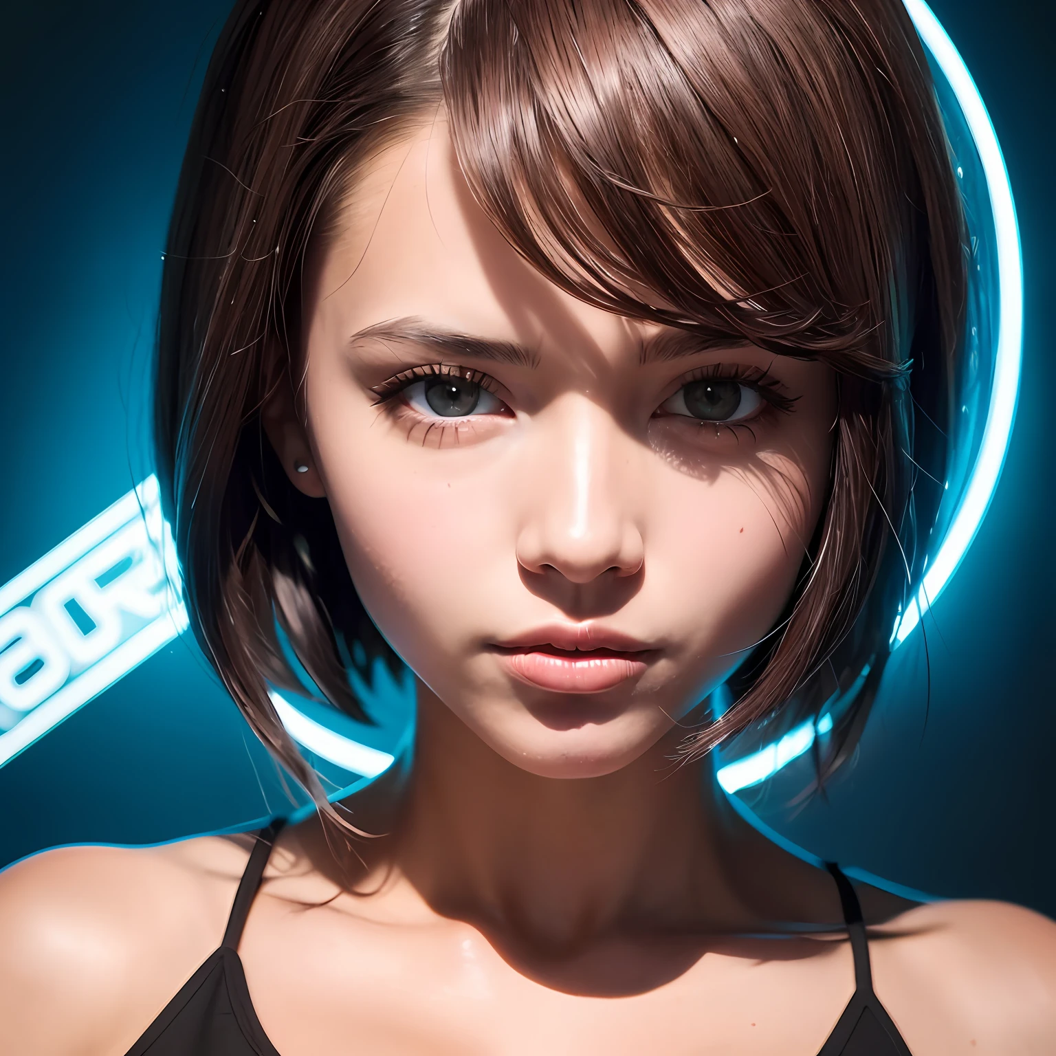 uma garota, posando pra foto, olhos azuis cristalinos, beautiful lips between open, olhar envolvente, olhar sensual, Asymmetrical short hair, cabelo em movimento, fios de cabelo ultra realista, textura de pele realista, cyberpunk, electronic wires, biochips, cyfy, ultra detalhada, translucido, cinematographic lighting, obra prima, ethereal beauty, Ultra resolution, papel de parede 8k --auto