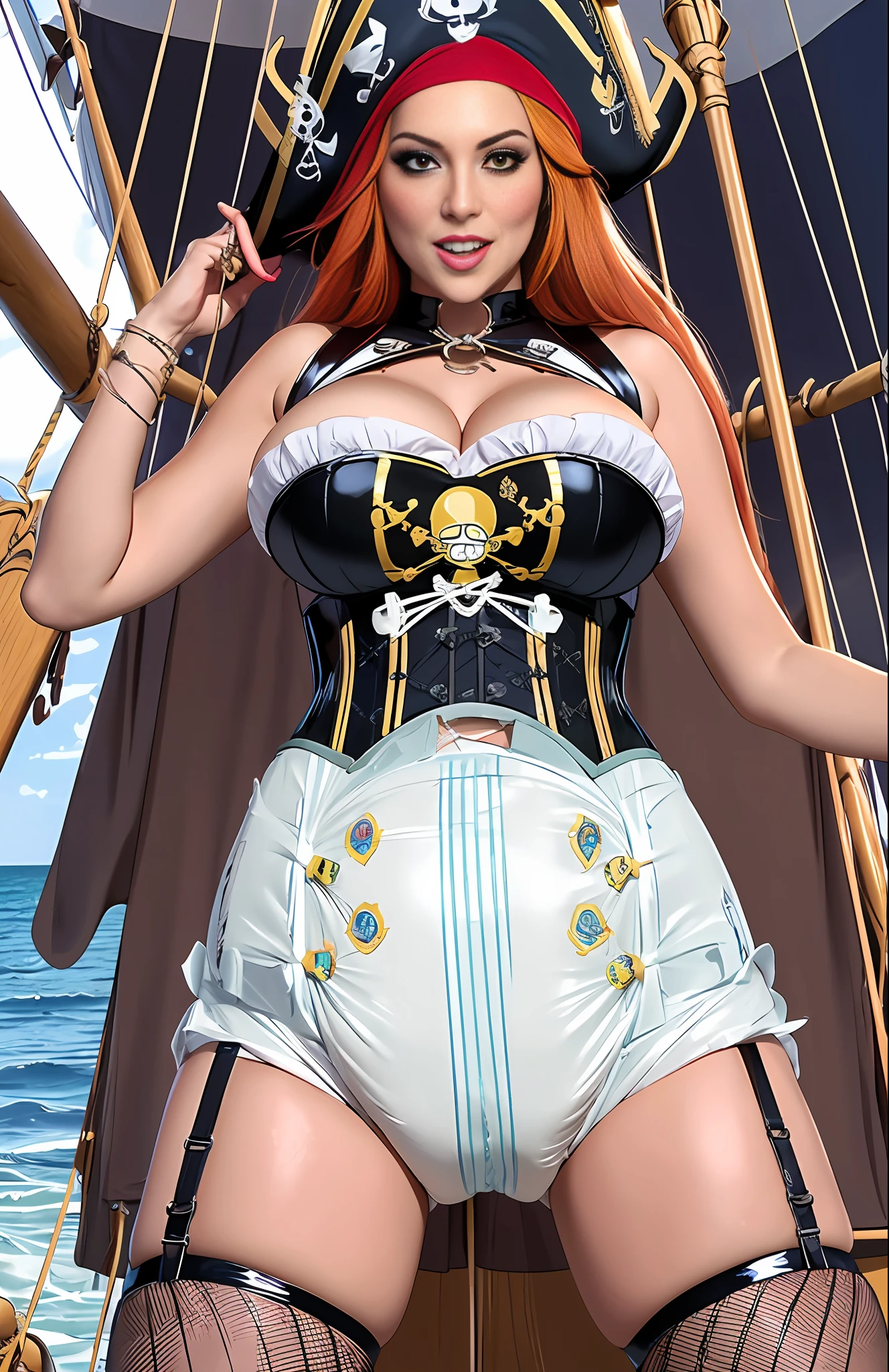 Sexy girl wearing (big diaper), ((Miss Fortune)), busty, (big breasts), wide hips, (latex), stockings, fishnets, (corset), (hypnotic), (magical), (blushing), pleasure, (orgasmic), colorful, ((mommydom)), ((pirate)), (pirate ship), ocean, sails, sunlight, tropical