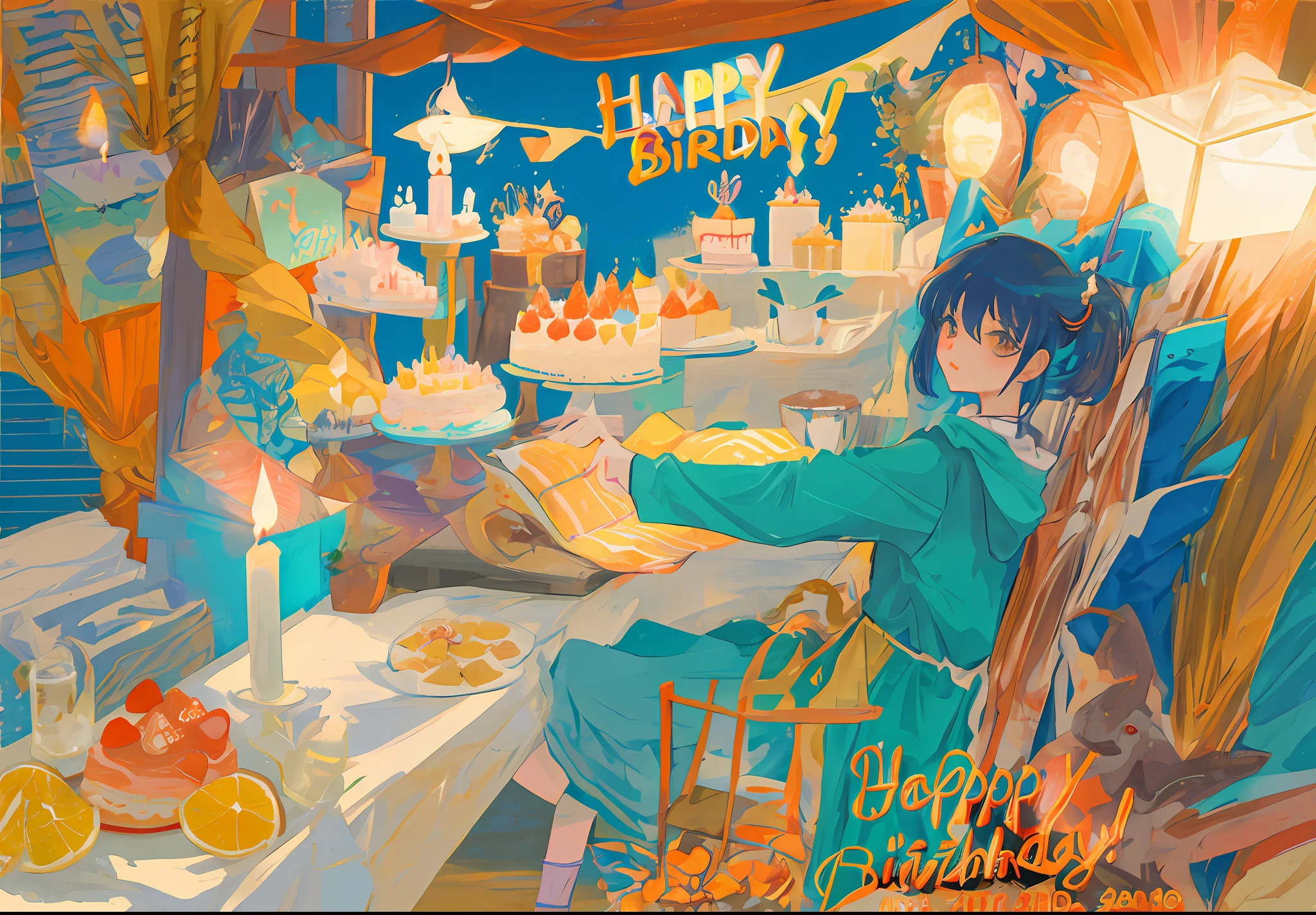 Hayao Miyazaki style birthday cake,The main colors are orange and yellow,By SD up sand than blow candles。