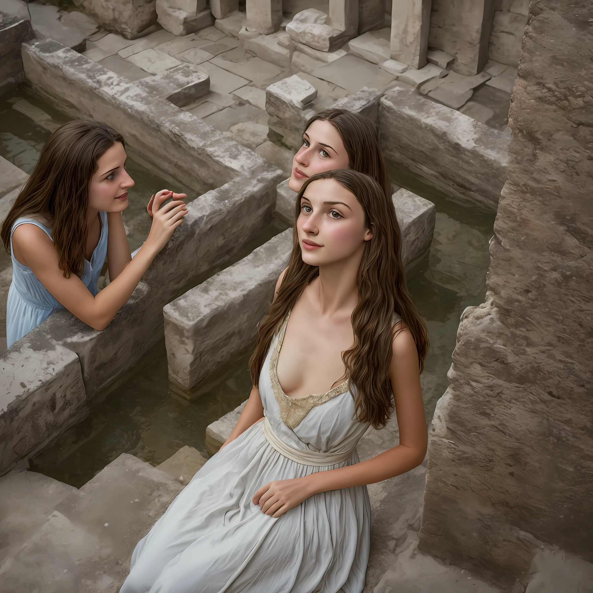 Woman with long hair down to her feet
woman engaged in lively conversation, immersed in the atmosphere of the ancient Greek past, show the faces from another angle. captured in an artistic style similar to that of Alma Tadema. The image, while a realistic visual representation, avoids showing any reference to modern technology. Instead, the scene is portrayed as if it were a classic.
without the presence of the Canon EOS 5D Mark IV camera used to