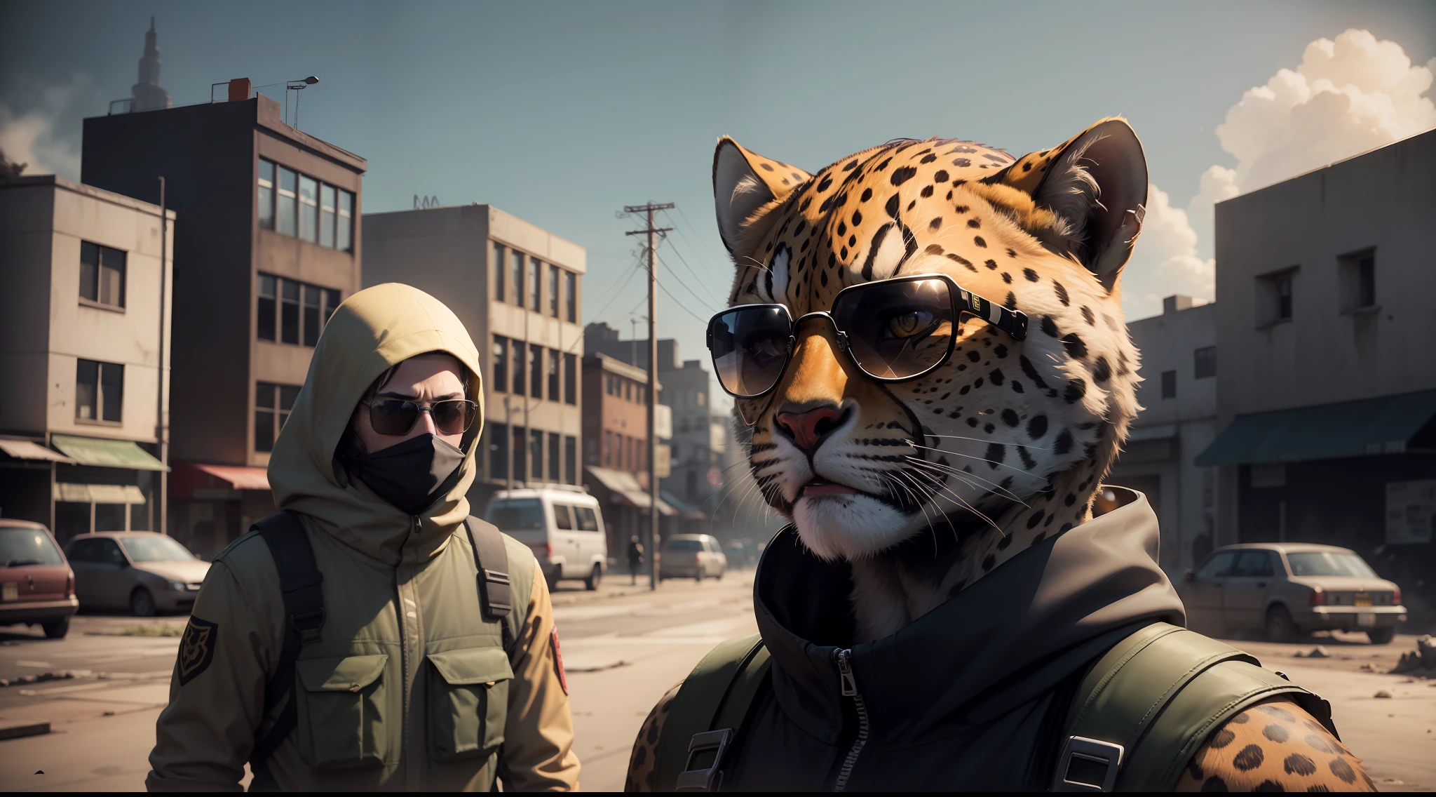 soldado com rosto de cheetah, with sunglasses, fundo de pinheiros, paisagem dayz, em chernarus dayz, Detailed scene of a post-apocalyptic world in the background, Detailed Cheetah Mask, Ultra realista, cidade dayz, (fundo dayz) Chernarus