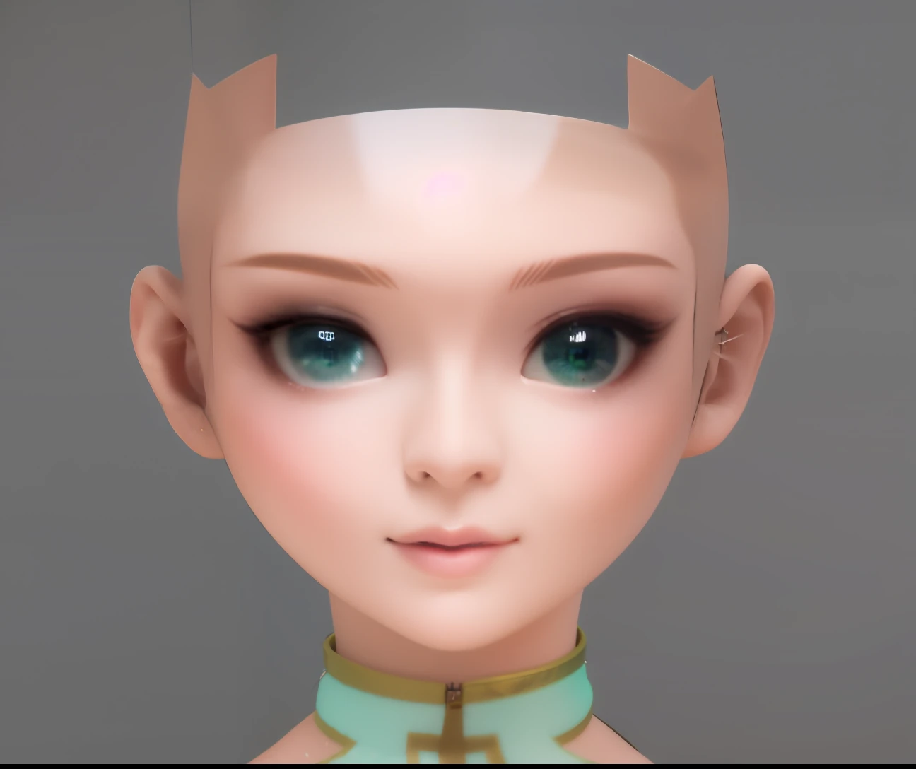 Anime avatar of a girl with a green collar and a blue necklace, anime styled 3d, high detailed face anime, detailed anime soft face, close up character, Pointy face and green eyes,, made with anime painter studio, Stylized anime, Anime Stylization, render of a cute 3d anime girl, upper body 2d game avatar