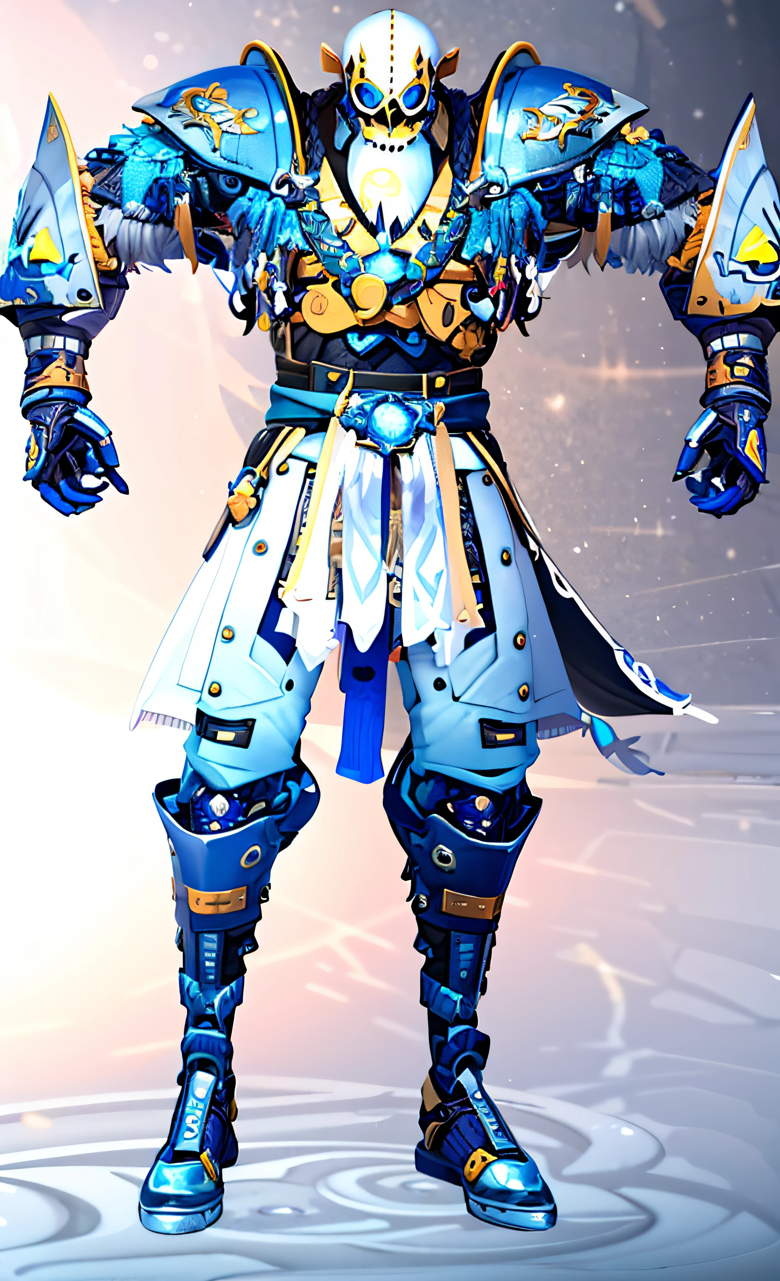 um close up de uma pessoa em armadura com uma espada, armadura azul e prata gelo, armadura de cristal de gelo, Armadura refletida da cor do gelo da lasca, pale blue armor, Armadura de cor de gelo branco fosco, lunar themed attire, pele azul congelante, armadura de platina do guerreiro, traje com detalhes azuis, armadura fractal, water armor, frostbite 3 renderizado, pele azul clara