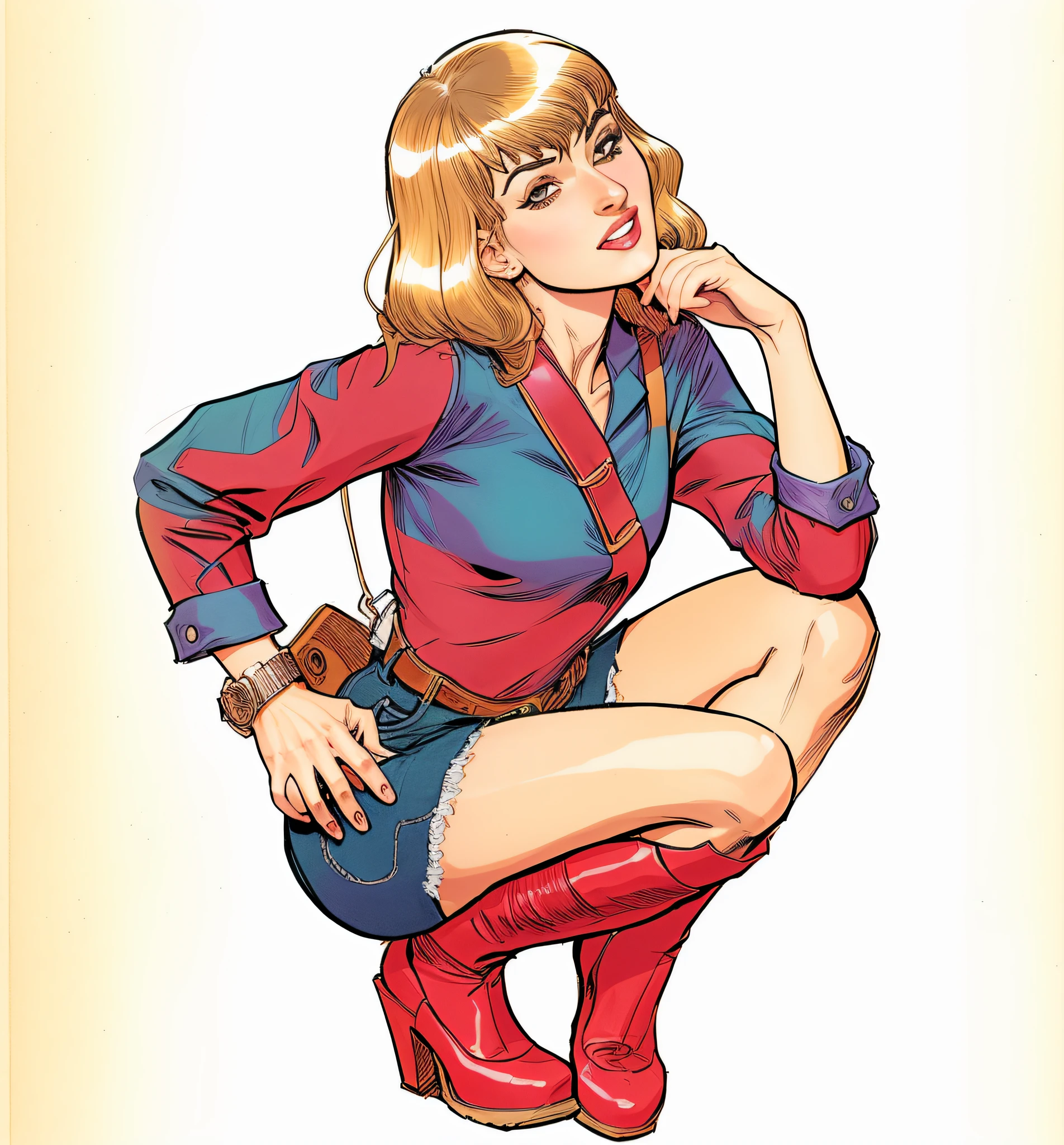 arafed image of a woman sitting on a stool with her hand on her chin, Betty Page Franja, Directed by: Hugh Hughes, guido crepax, no fundo vermelho, by Oswaldo Viteri, betty page, Kate Bispo, em um fundo vermelho, Satoshi poderia artstyle, Arte Promocional, inspirado em Oswaldo Viteri, Guido Crepax placeholder image style, official illustration