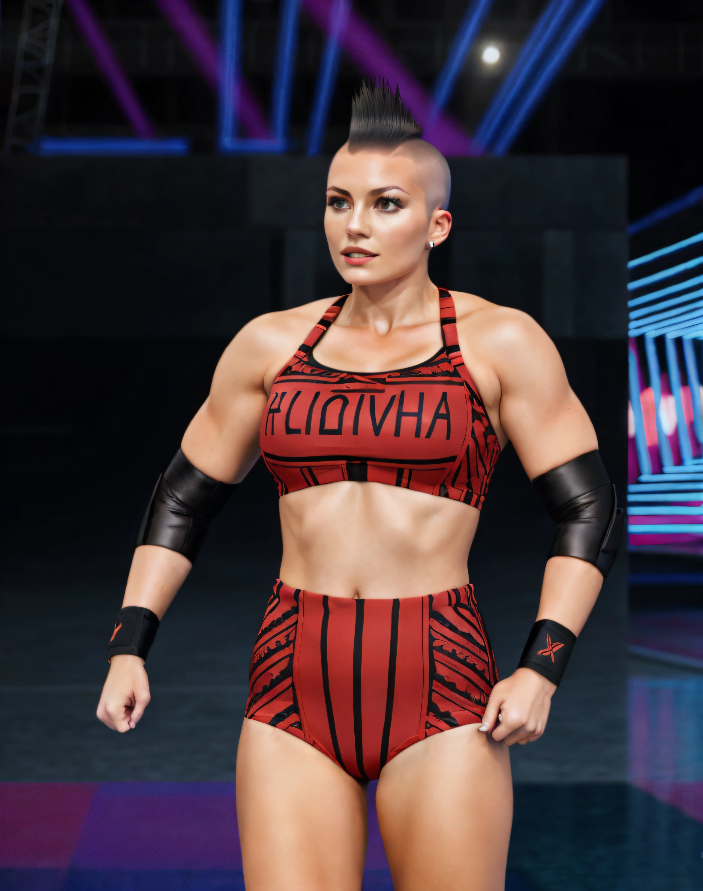 Russian woman with shaved head and brown Mohawk hairstyle, in red and black sports bra that says "OLIVIA", black and red high cut trunks, black elbow pads, black wristbands, photo realistic, intricate details
