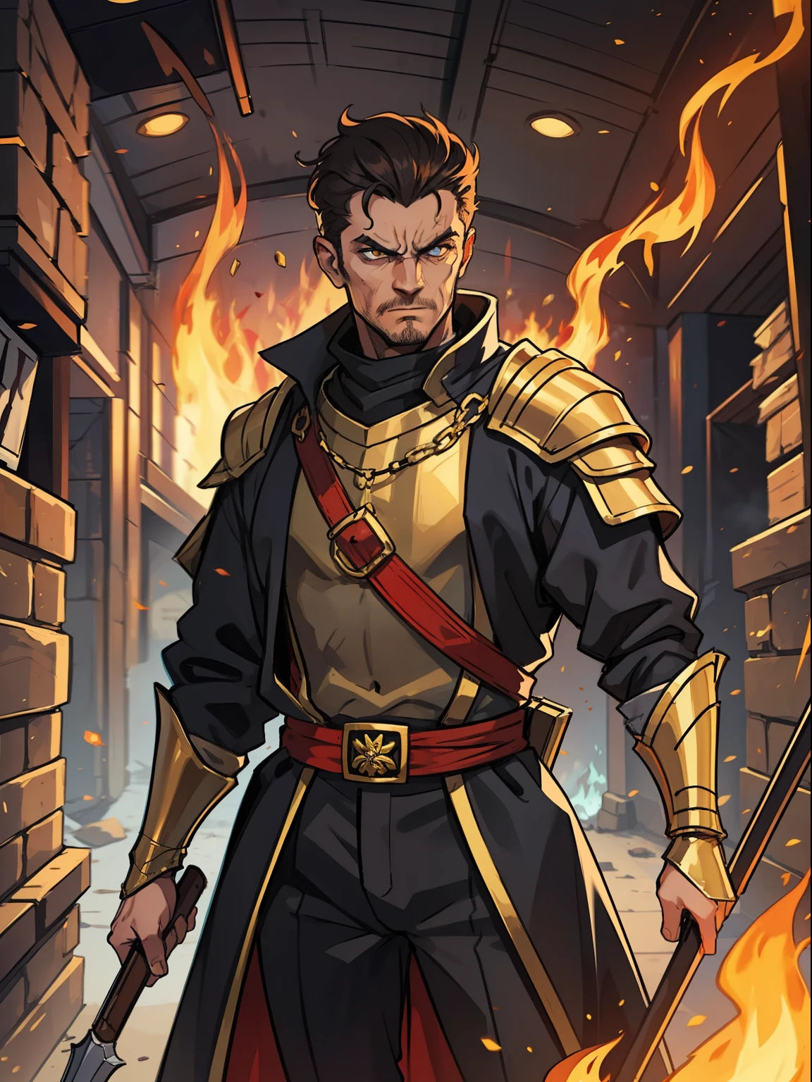 um homem mau com olhos vermelhos, he is a criminal, vestindo roupas medievais elegantes, vestes pretas, he is inside a kind of basement in the underworld, he is a criminal, an evil looking villain with fire around him, Um personagem sombrio para o RPG medieval D&d he wears an elegant costume is surrounded by gold and fire