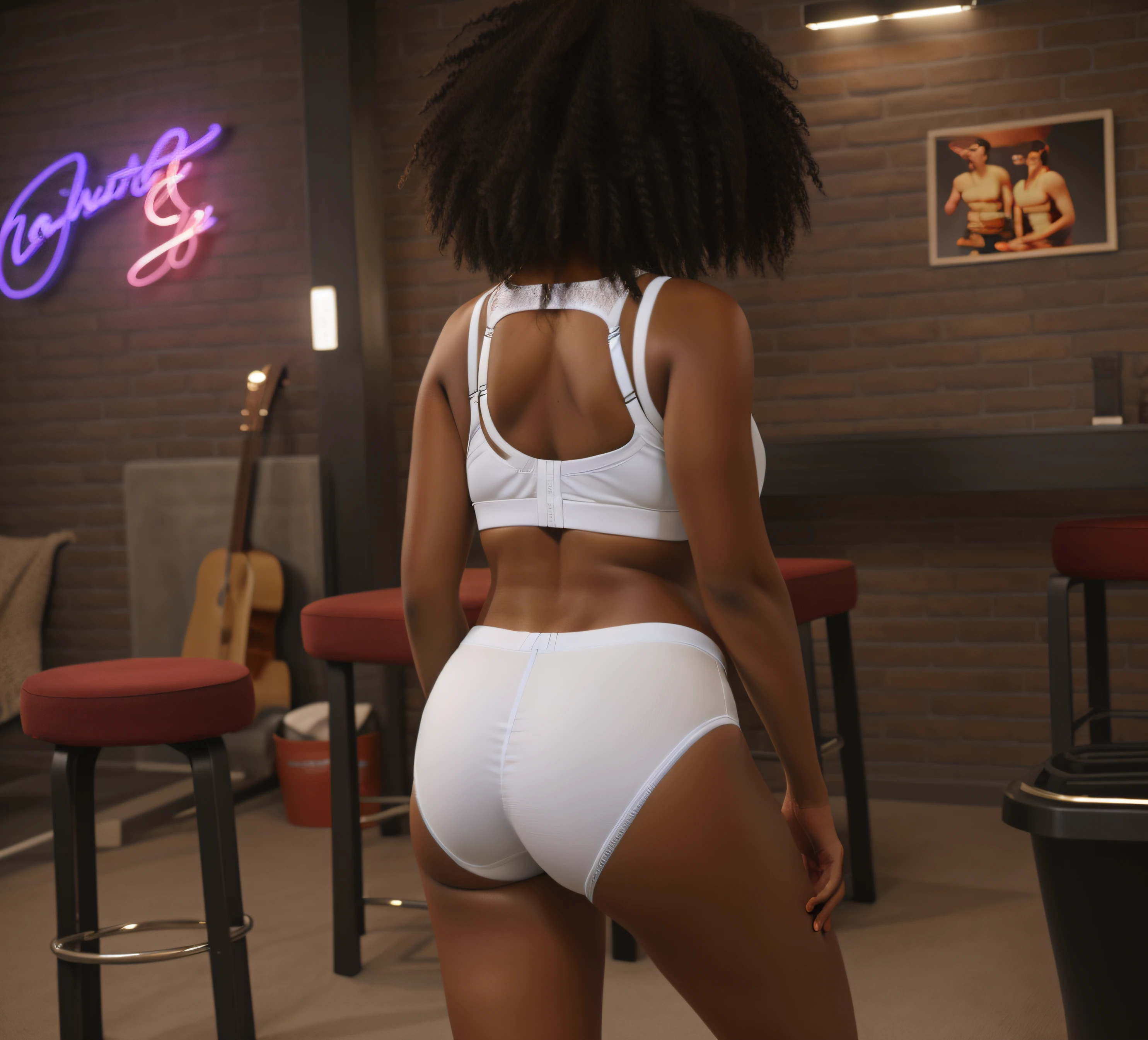 Curvy Black woman, white sports bra, and white cotton fullback panties, at home, photo realistic, intricate details