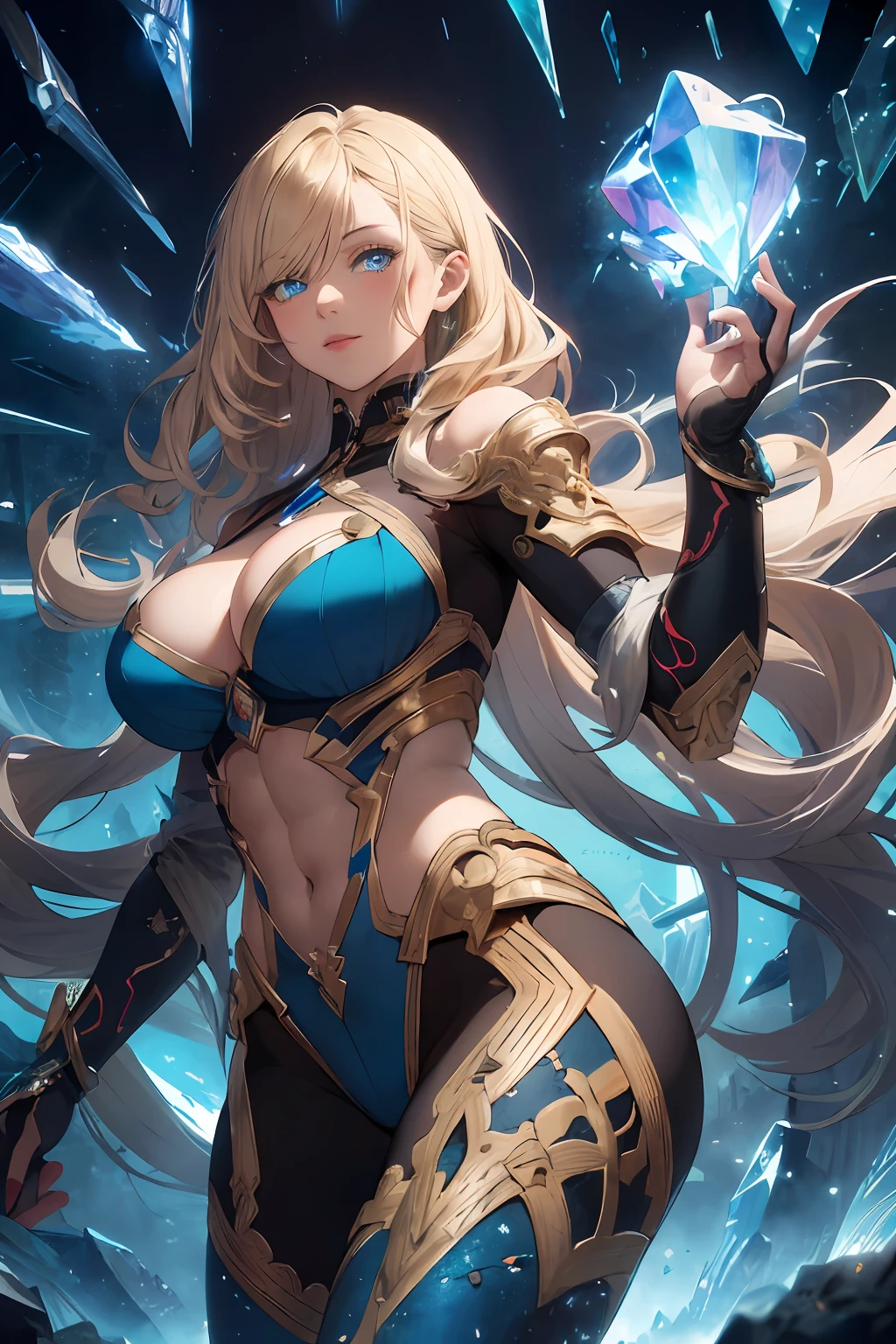 Realistic, (masterpiece, top quality, best quality, official art, beauty and aesthetics: 1.2), very detailed, fractal art, colorful, most detailed, zentangle, (abstract background: 1.5) (1girl), gods, blonde hair, long hair, (glowing blue eyes), big breasts, abs, mysterious, (magic), crystal, red black tights