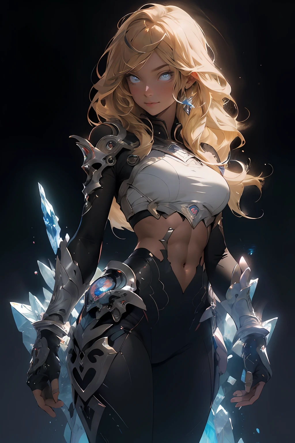 Realistic, (masterpiece, top quality, best quality, official art, beauty and aesthetics: 1.2), very detailed, fractal art, colorful, most detailed, zentangle, (abstract background: 1.5) (1girl), gods, blonde hair, long hair, (glowing blue eyes), big breasts, abs, mysterious, (magic), crystal, red black tights