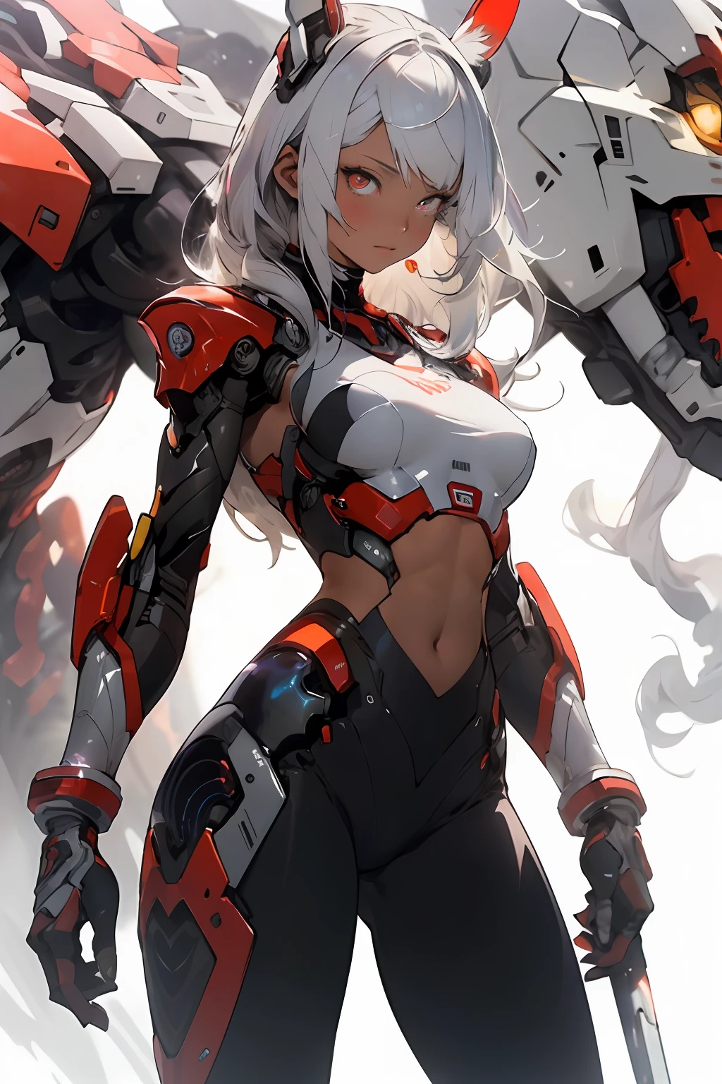 Realistic, (Masterpiece, Top Quality, Best Quality, Official Art, Beauty and Aesthetics: 1.2), Very Detailed, Fractal Art, Colorful, Most Detailed, Zentangle, (Abstract Background: 1.5) (1girl), God, White Hair, Long Hair, (Glowing Red Eyes), Big Breasts, Abs, Mystic, (Magic), Crystal, Tights, Sexy, Mecha, Rabbit Ears