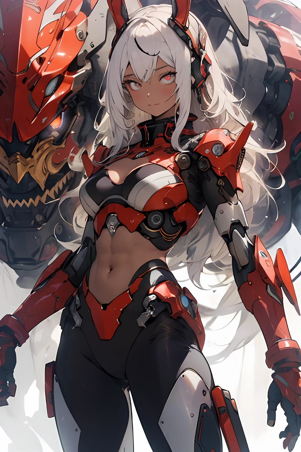 Realistic, (Masterpiece, Top Quality, Best Quality, Official Art, Beauty and Aesthetics: 1.2), Very Detailed, Fractal Art, Colorful, Most Detailed, Zentangle, (Abstract Background: 1.5) (1girl), God, White Hair, Long Hair, (Glowing Red Eyes), Big Breasts, Abs, Mystic, (Magic), Crystal, Tights, Sexy, Mecha, Rabbit Ears