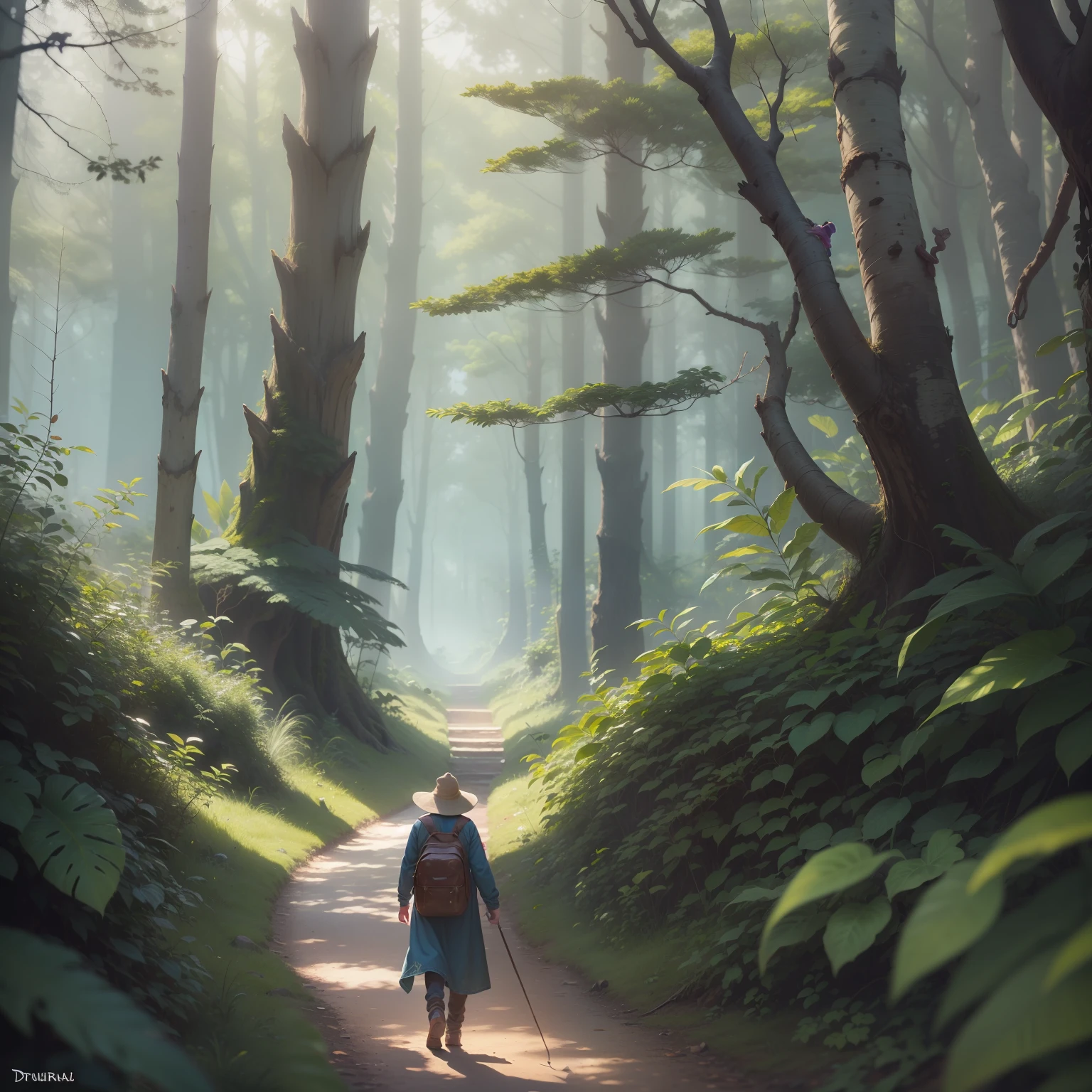 "Um druida troll com cajado em roupas naturais, in great quality and ultra-detailed detail. A luz da floresta brilha na sua pele texturizada e detalhada. The scene is focused around him as he walks through the forest, com folhas e galhos sendo empurrados pela brisa fresca. Behind the troll is a dense, lush forest, with tall, majestic trees penetrating the clear blue sky."