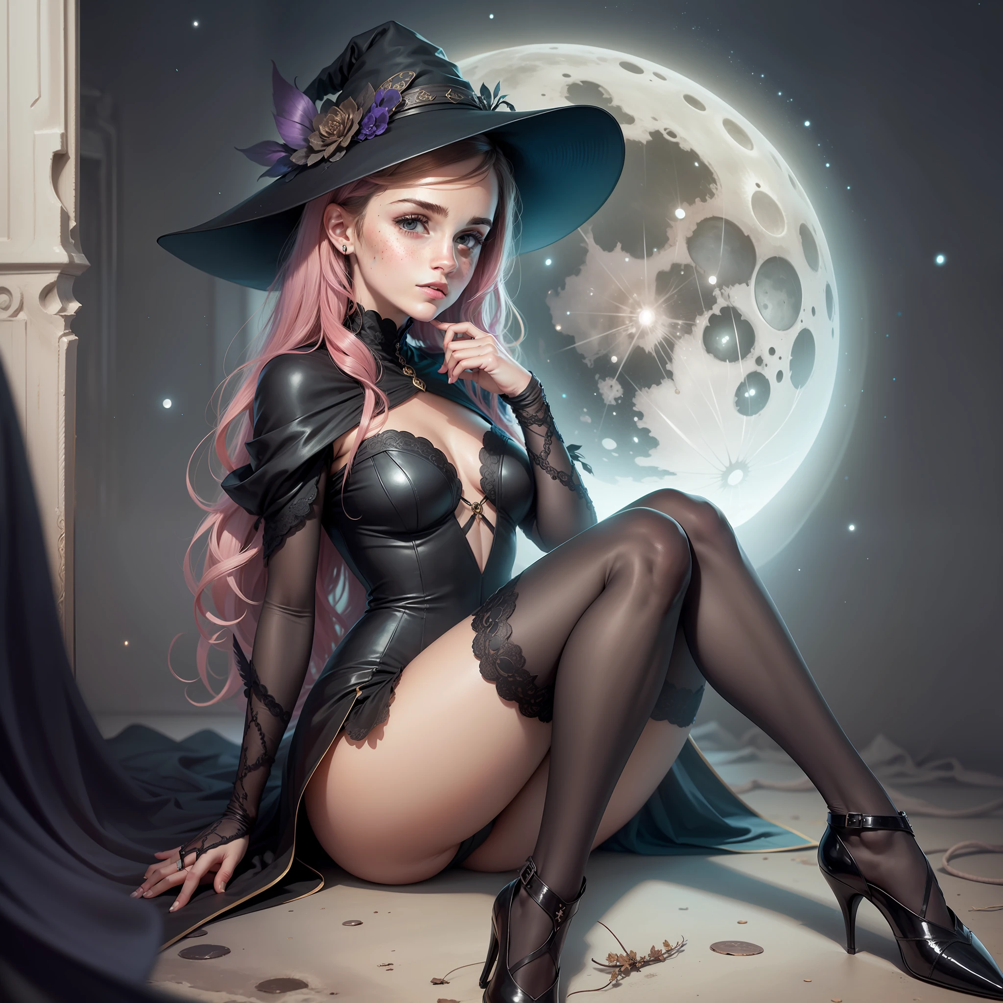 emma watson as a witch girl. tight intricate black suit. freckles, beautiful face, masterpiece, intricate detail, perfect anatomy. sitting. background moon. night.
