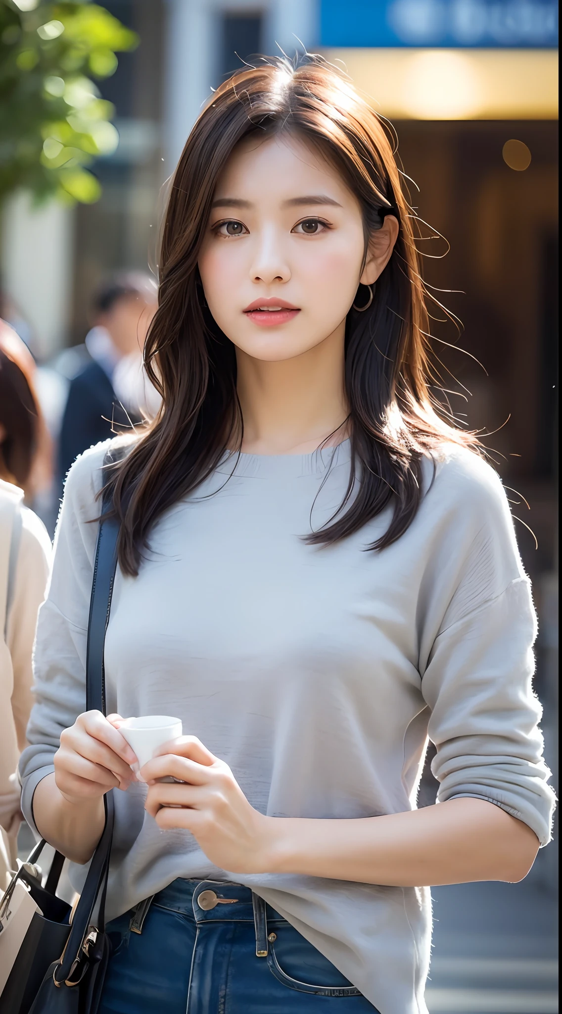 (Highly detailed CG Unity 8k wallpaper), (masterpiece), (best quality), (super detailed), (best illustration), (best shadow), ultra high resolution, (realistic, photorealistic: 1.2), Japan actress, beautiful celebrity young wife, long hair disheveled by the wind, big breasts, shopping mall café, chic two-piece, luxury fabric, see-through, puffy eyes, Viewers watch, close-up, soft rays of cloudy sky, shopping, backlighting, bags,