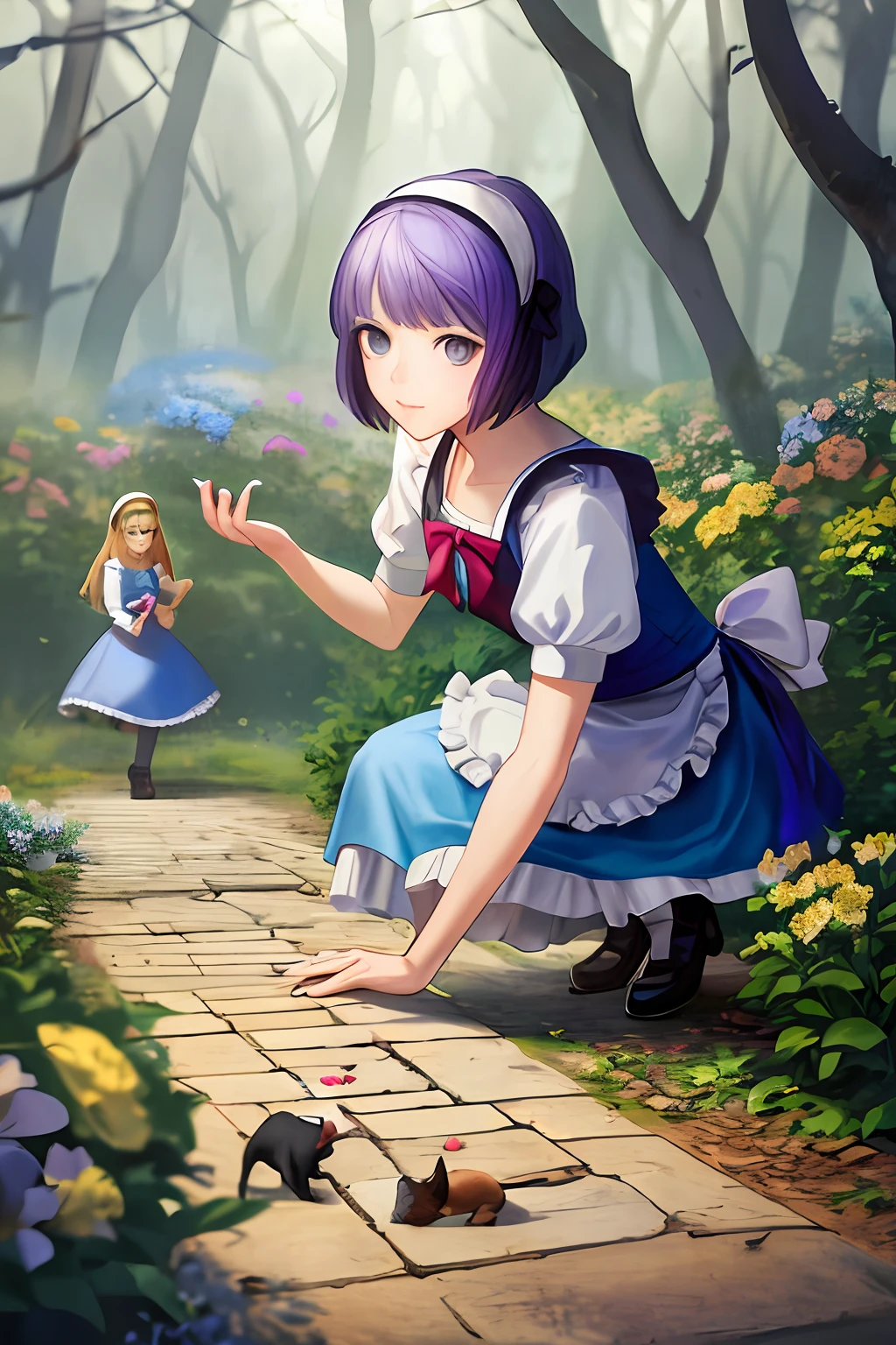 Realistic photo of alice in wonderland with purple hair accompanied by her gray cat and blue cups and lots of hopscotch flowers in a forest.