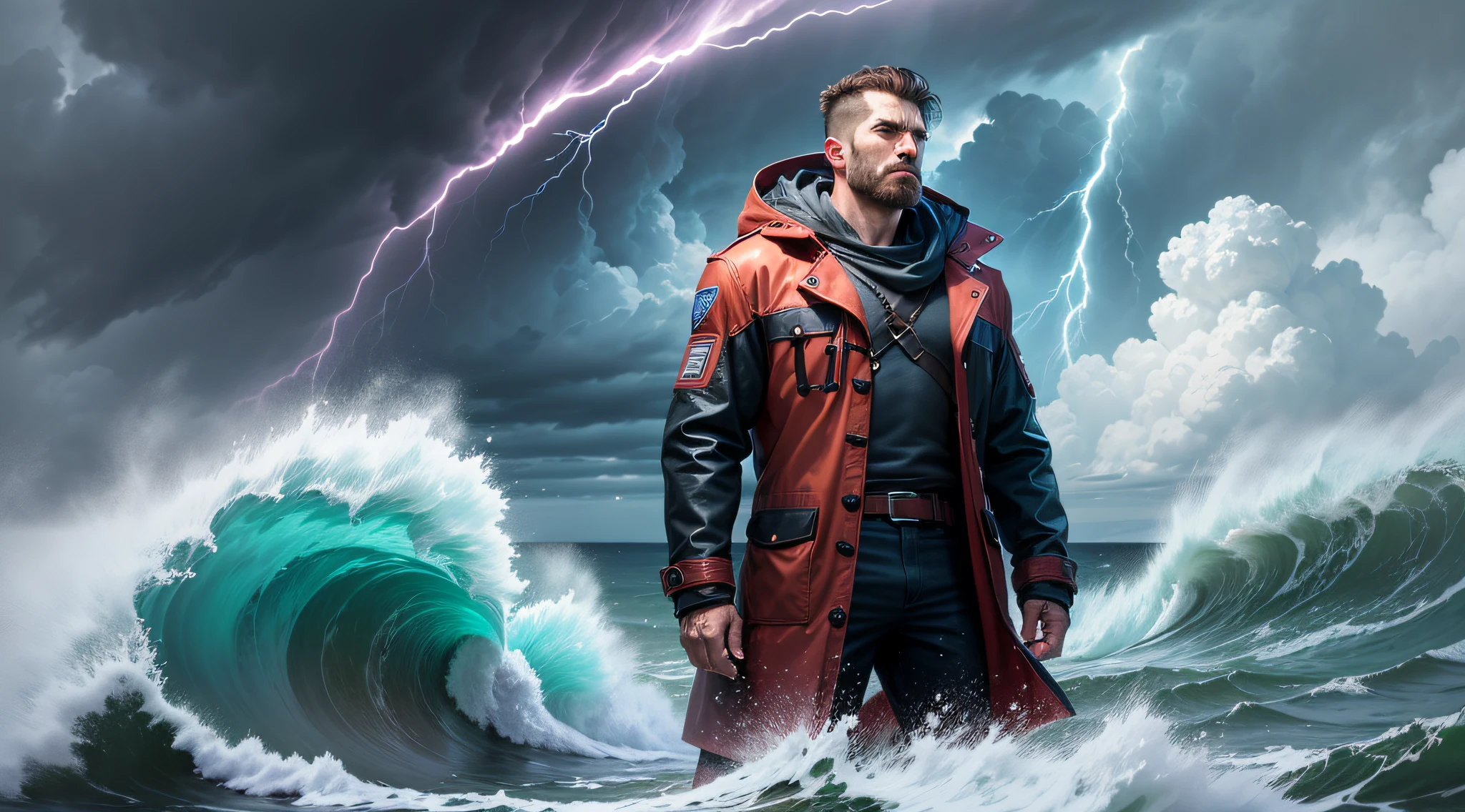 ((best quality)), ((masterpiece)), (detailed), semi-realistic, coastal landscape, dark sky, strong bold man in front of cliff edge, struggling with a wind, wearing coat, looming rainy clouds, water splashes in the air, dark clouds, thundering storm, big waves, huge tornado, fierce hurricane, tempest, view to the ocean, nature, infinite power