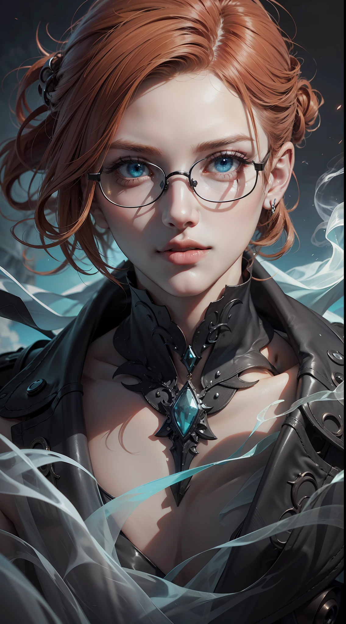 (Very detailed 8K wallpapers), The middle ground of a terrifying necromancer, ginger  hair,Glasses, big blue eyes, Mystical fog,ominous shadows, green smoke, intricated, high detailes, dramatic