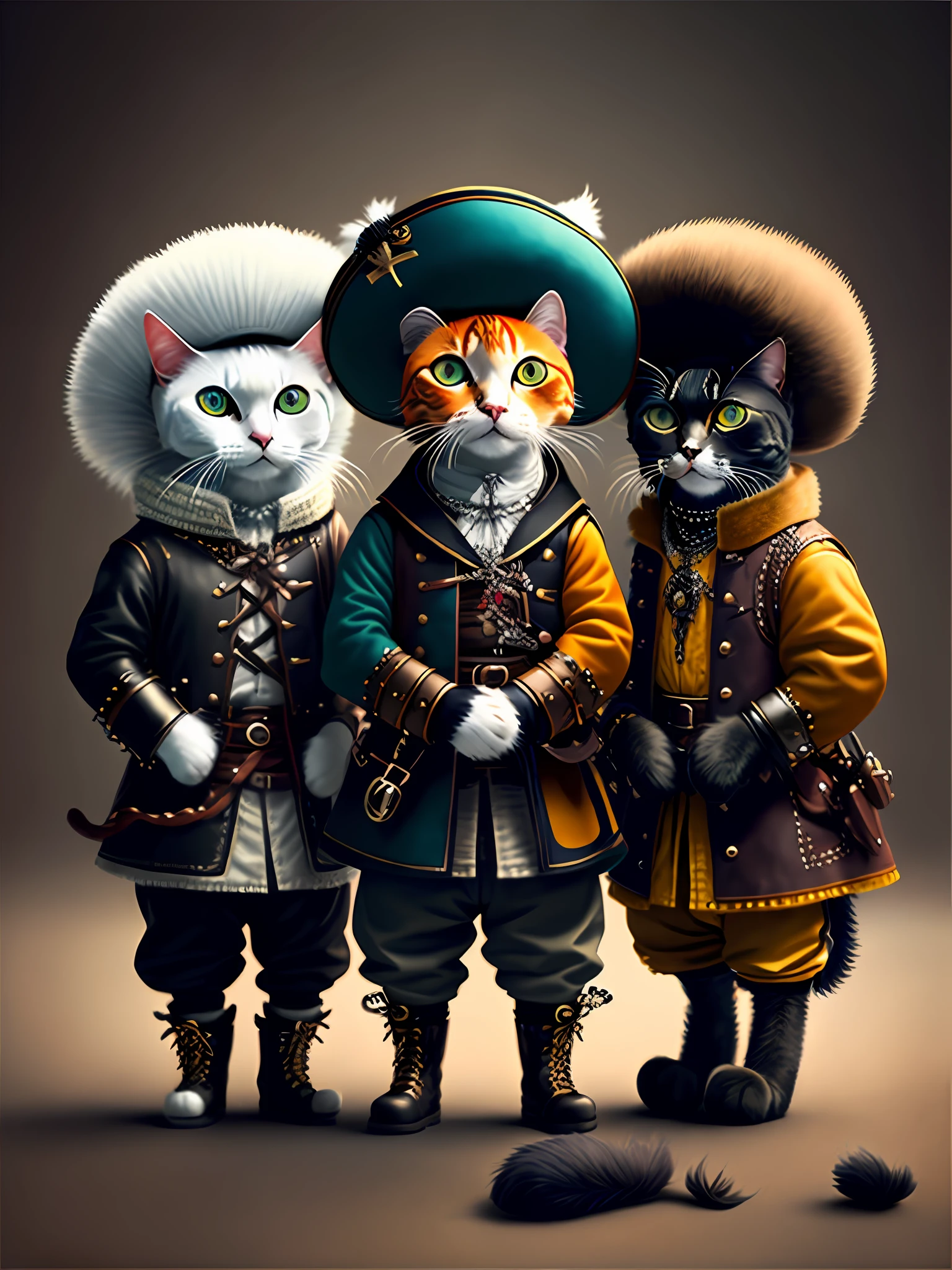 picture of three cats as musketeers, art station trend, dressed in punk clothes with musketeer feathered hats and boots, hyper realistic detailed rendering, british gang member, urban style, intimidating pose, planet of cats, musketeers clothes, urban musketeers,  meow, west slavic traits, 8 1 5