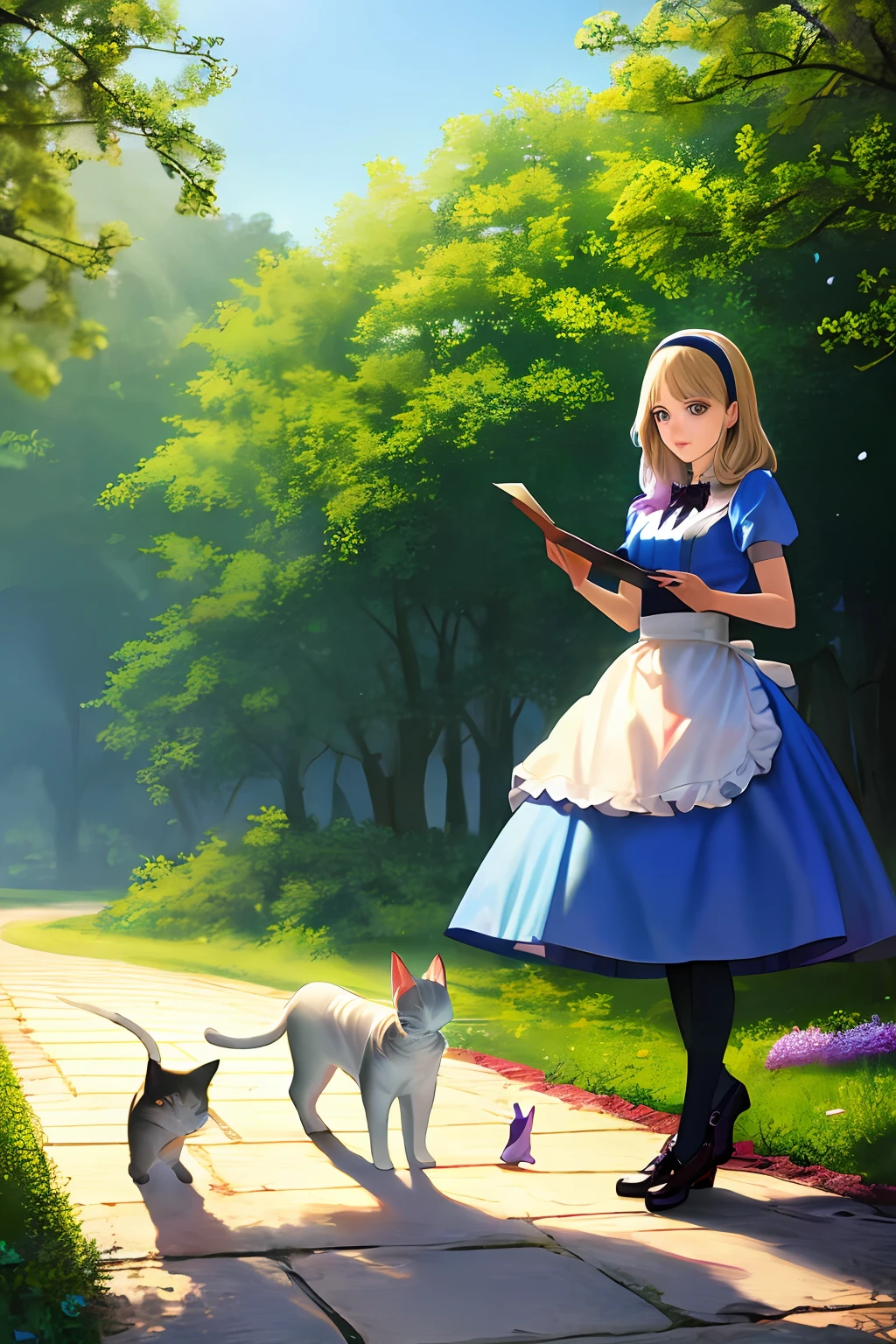 Realistic photo of alice in wonderland with purple hair accompanied by her gray cat and blue cups and lots of hopscotch flowers in a forest.