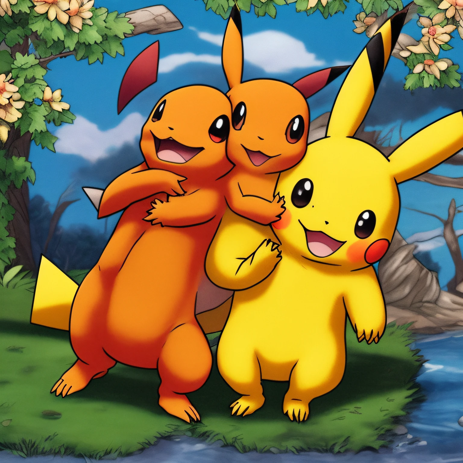 pokemon embracing each other as best friends pikachu and Charmander --auto