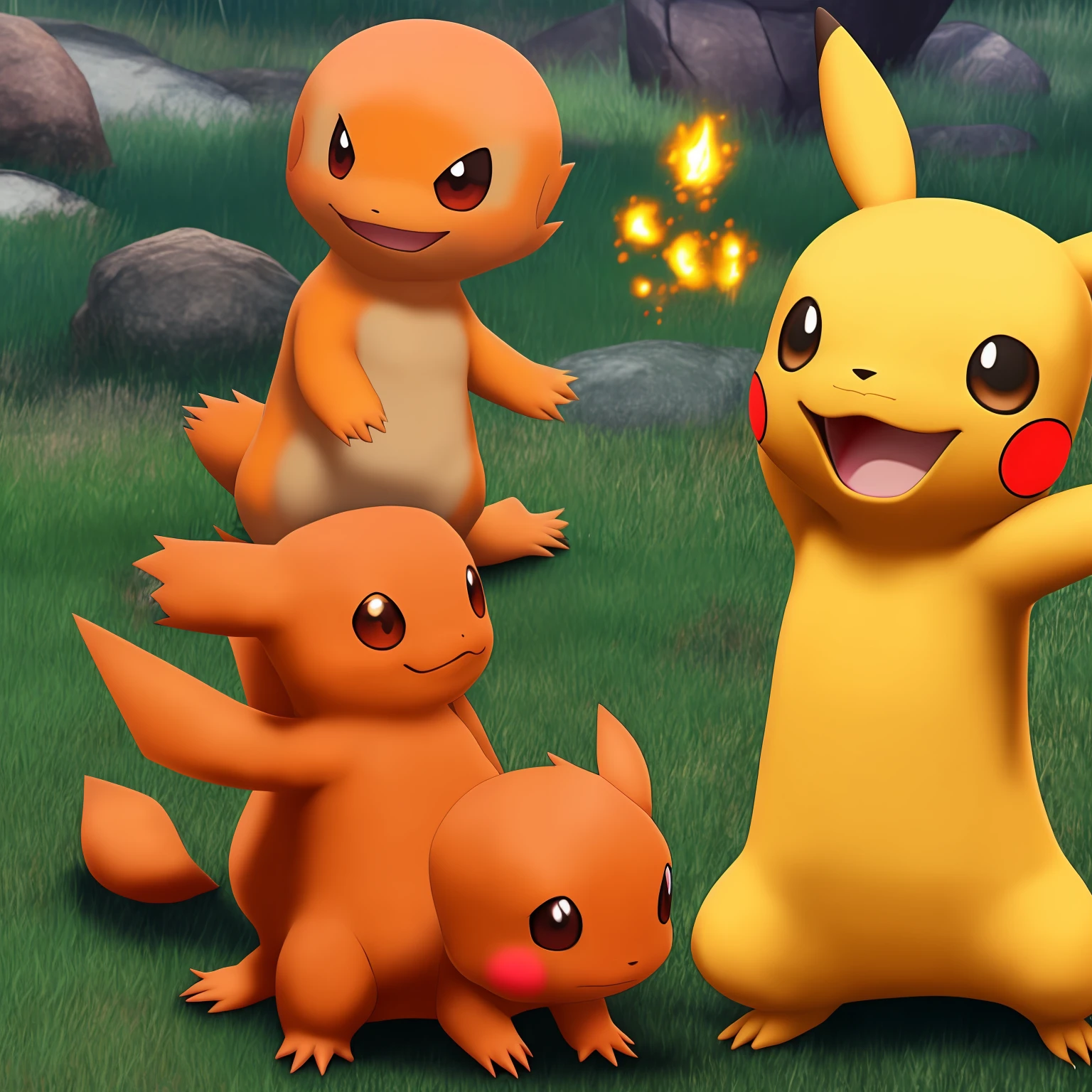 pokemon embracing each other as best friends pikachu and Charmander --auto