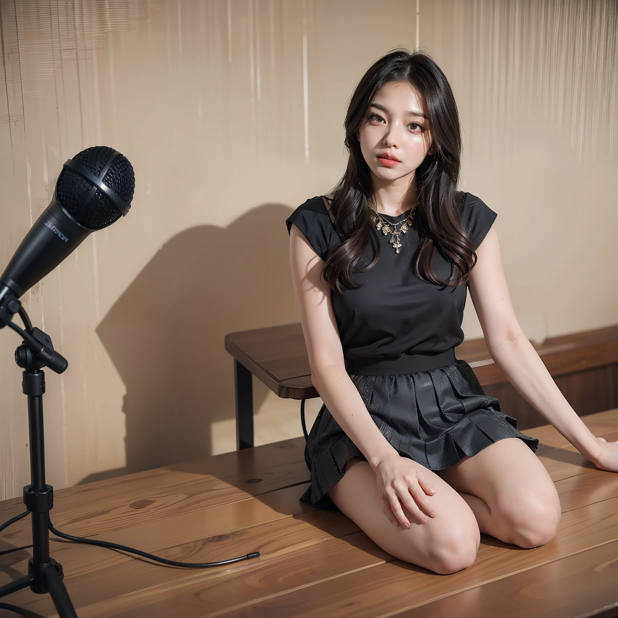 beautiful lighting, podcast room, real life, 25 years old, beautiful women, wear short skirt, sitting beside the table with microphone, eye looking to camera, full body view, , intricate, high detail, sharp focus, ultra realistic, 8K, masterpiece, best quality, high quality