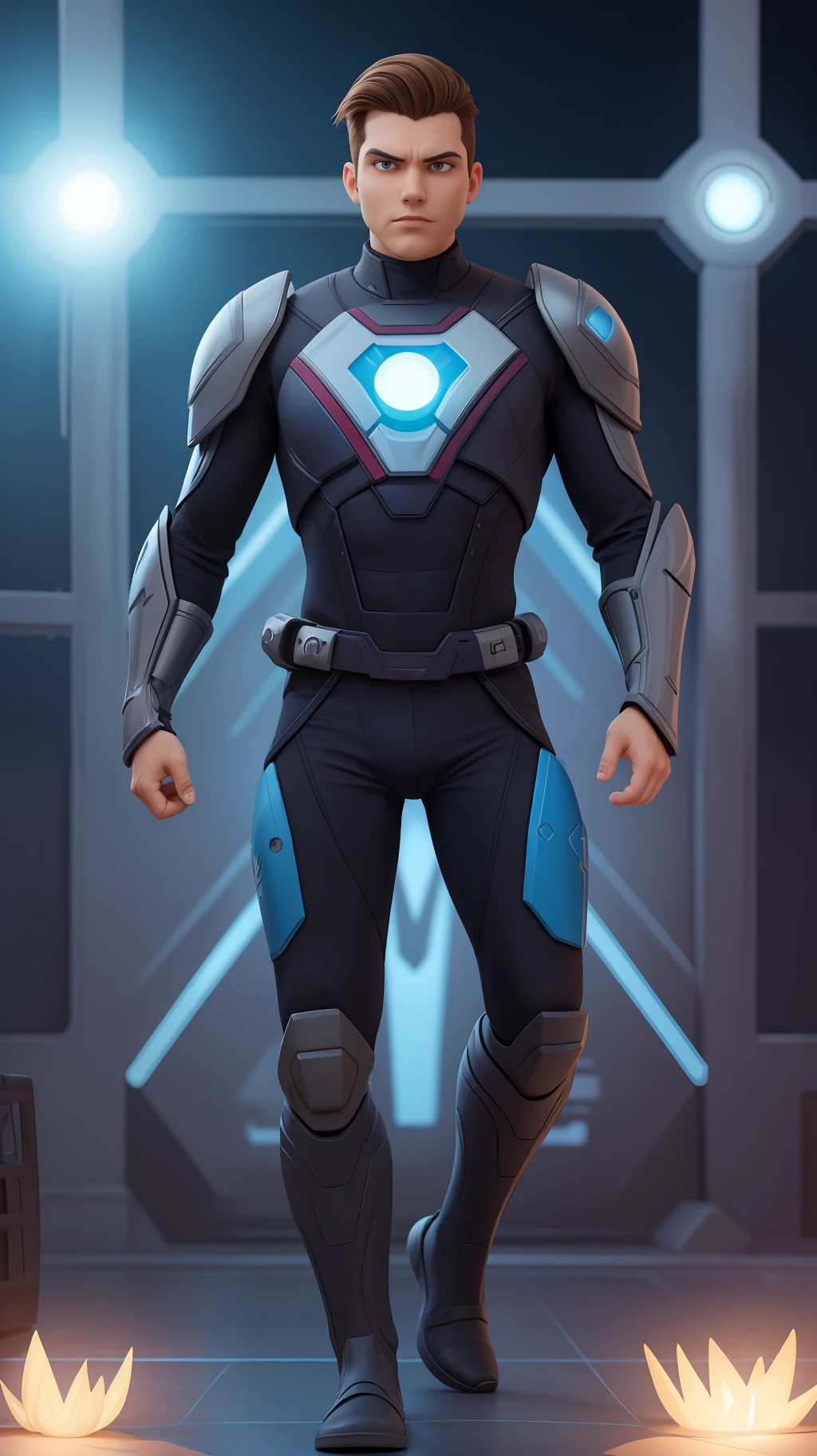 Nexus is a superhero with a youthful and athletic appearance, com cabelos escuros e olhos expressivos. He wears a futuristic technological suit, com tons de azul e prateado, que se ajusta perfeitamente ao seu corpo e possui detalhes luminosos, reflecting your connection to dimensions.