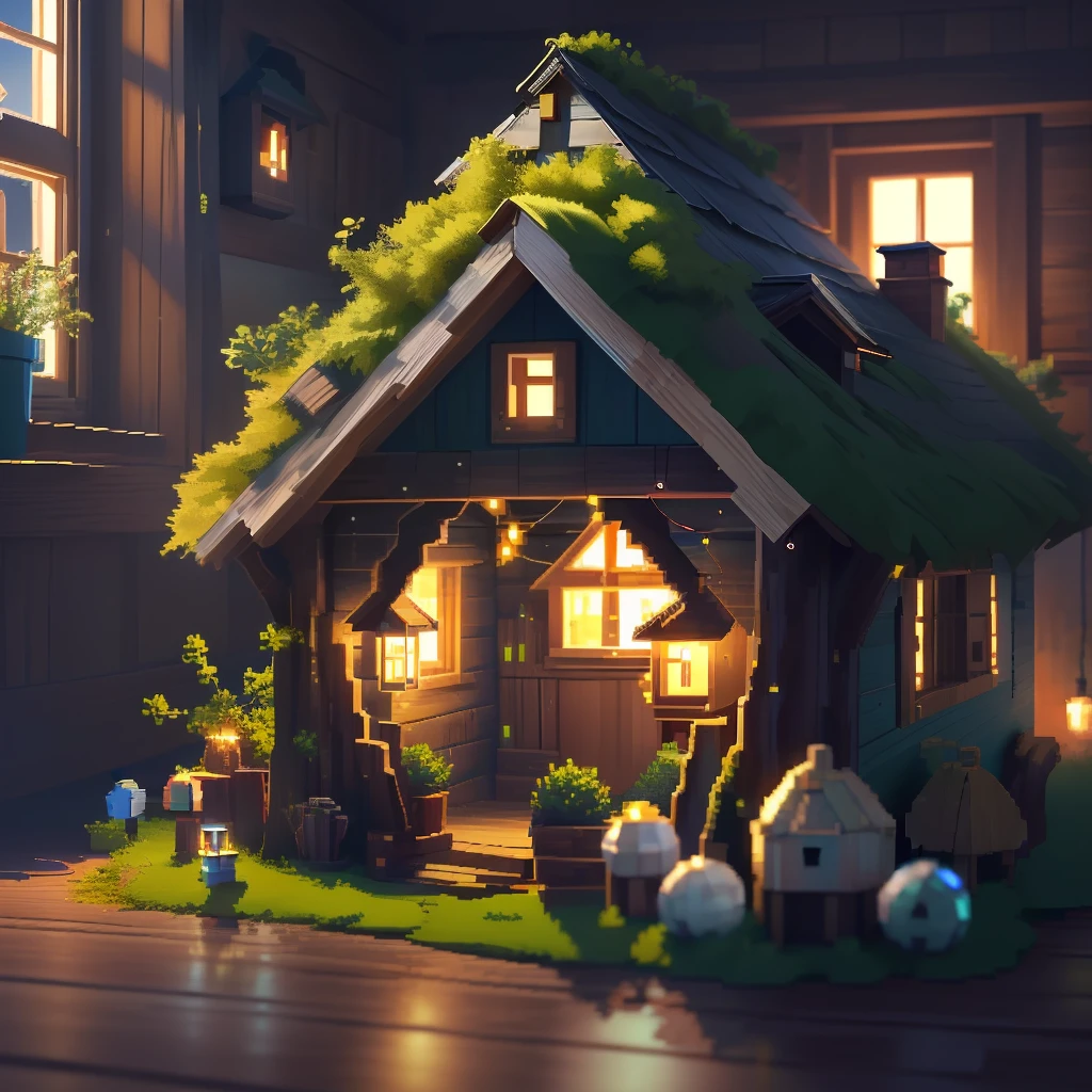 Pixel art of a wooden attic, janela no telhado, decorado com um tapete redondo rosa claro, Wire of lights with small lamps between the roof and the wall and some children's toys