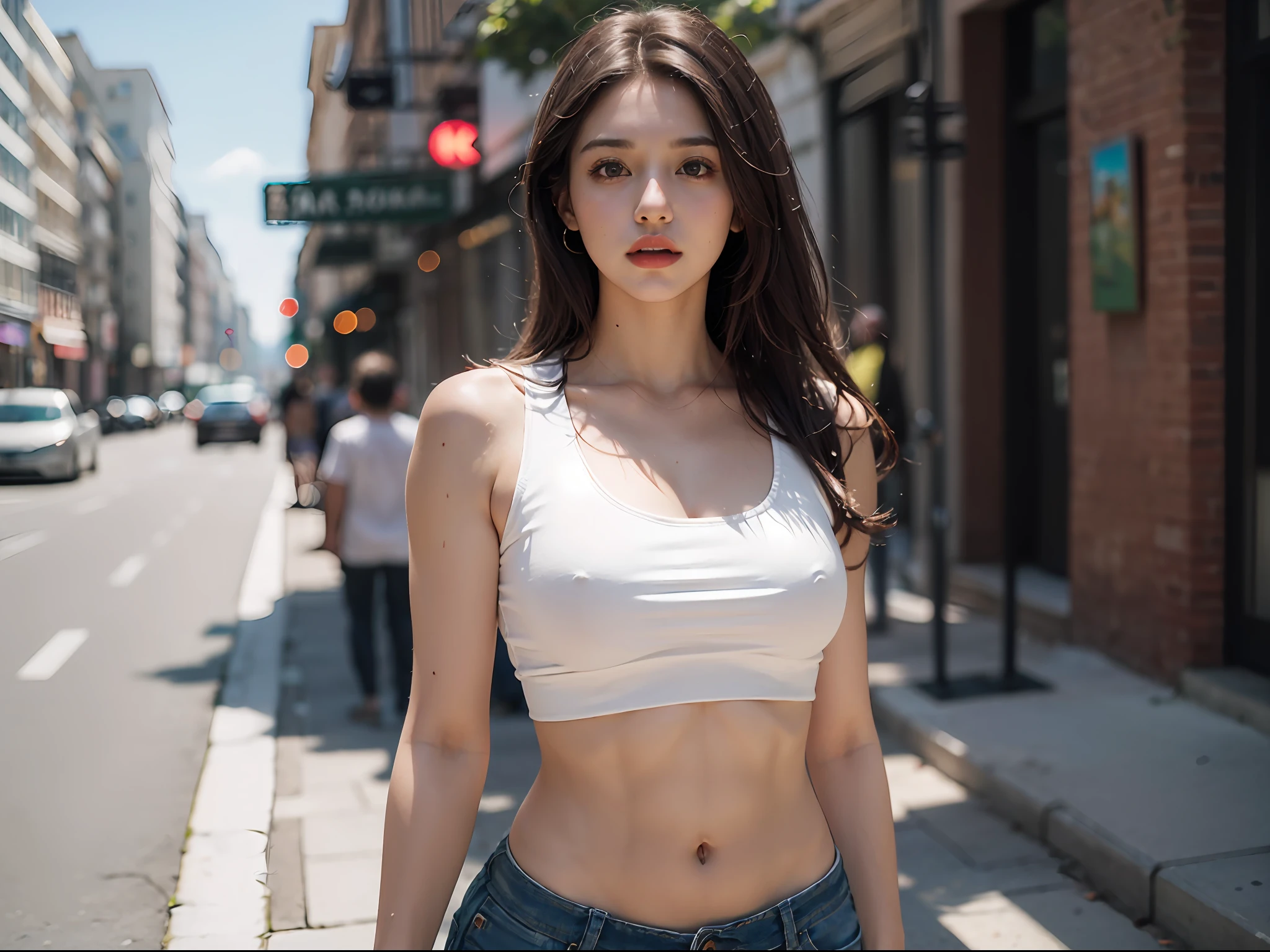 ((Realistic lighting, Best quality, 8K, Masterpiece:1.3)), Focus:1.2, 1girl, Perfect Figure:1.4, Slim Abs:1.1, ((Dark Brown Hair)), (White Crop Top: 1.4), (Outdoor, Seaside: 1.1), City Street, Super Fine Face, Fine Eyes, Double Eyelids,