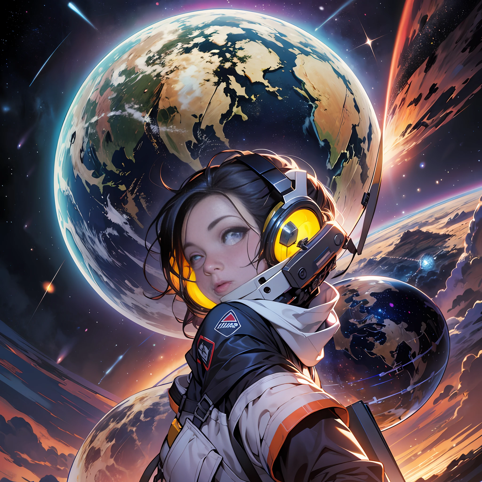 "Masterpiece, melhor qualidade, ultra-detalhado, digital painting scene of a person with a gaze fixed on space, several planets and shooting stars in the foreground, fundo escuro com gradientes suaves de azul e roxo, bright and vivid lighting, efeito de profundidade sensacional, Dynamic perspective with vanishing point, pintura altamente detalhada e realista, with emphasis on the textures of planetary surfaces."