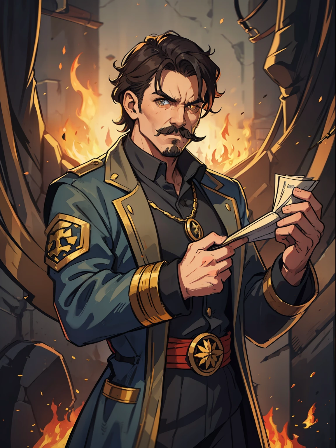 um homem mau com olhos vermelhos, he is a criminal, vestindo roupas medievais elegantes, vestes pretas, he is inside a kind of basement in the underworld, he is a criminal, an evil looking villain with fire around him, Um personagem sombrio para o RPG medieval D&d he wears an elegant costume is surrounded by gold and fire this man has a grid and evil mustache and is in middle age