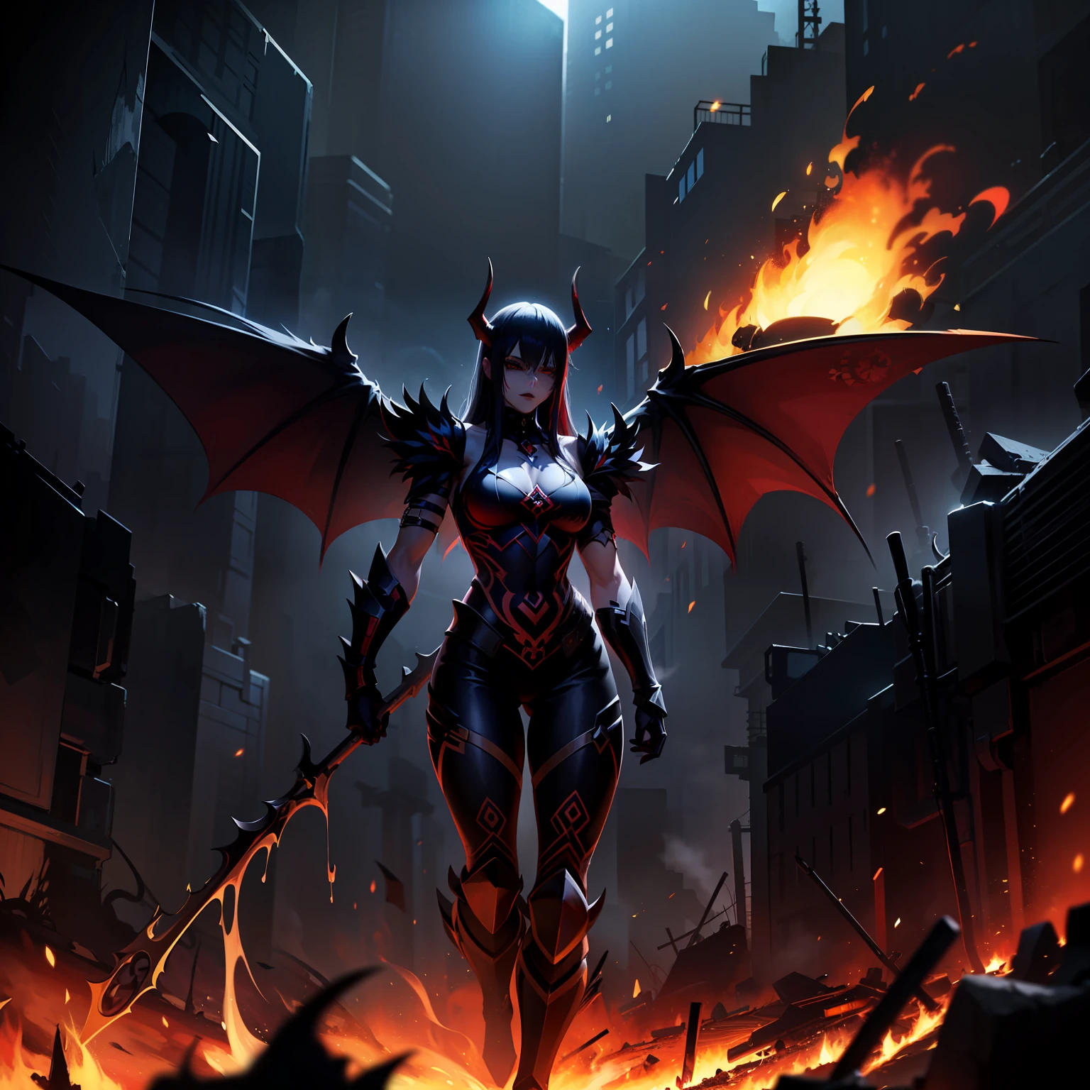 (mysterious darkness+ominous atmosphere),devil women, sharp horns, strong muscles, colorful tattoos, red eyes, long hair,black armor,wings,[fire effects:1.2], smoke, burning cityscape, apocalyptic, fierce, intense action