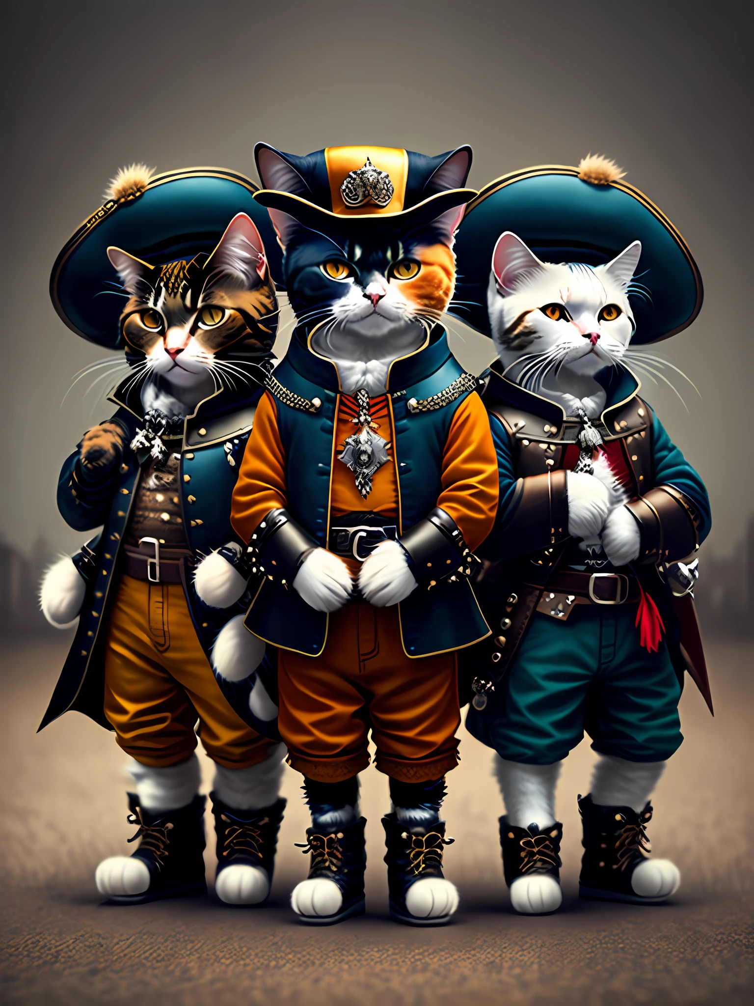 picture of three cats as musketeers, art station trend, dressed in punk clothes with musketeer feathered hats and boots, hyper realistic detailed rendering, british gang member, urban style, intimidating pose, planet of cats, musketeers clothes, urban musketeers, meow, west slavic traits, 8 1 5