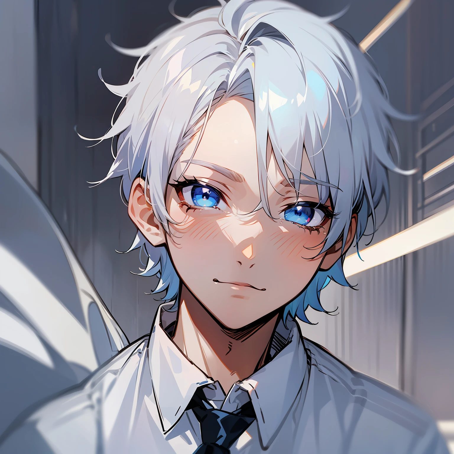 (anime style + soft moe) A cute and weak boy with white hair and a white shirt, he has a sad expression and sits on the ground crying. The picture style is fresh and simple, rendered like a comic, and the lens is displayed as a distant view,