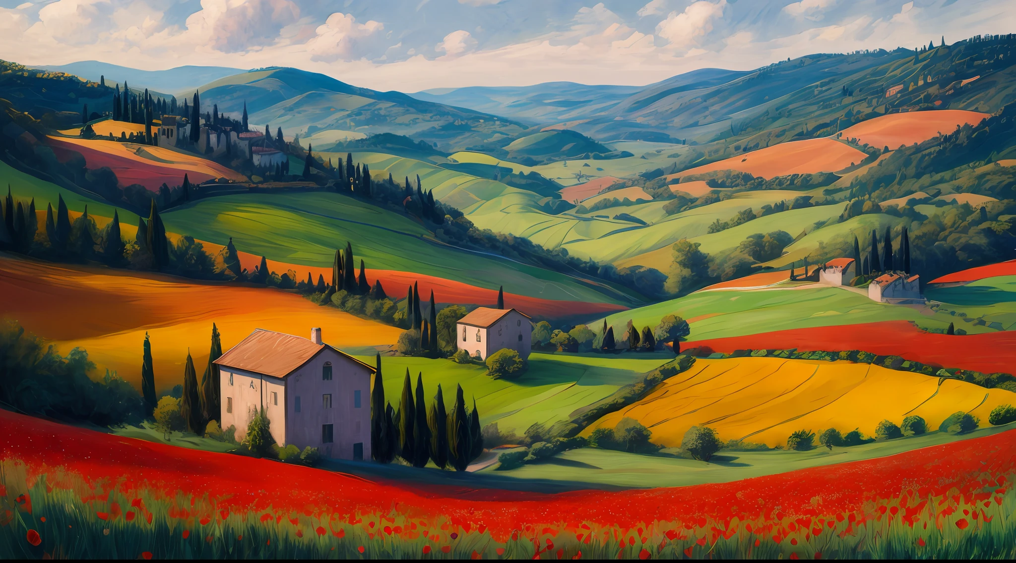 A captivating acrylic painting inspired by Fede Galizia, featuring a field of vibrant red poppies stretching as far as the eye can see. In the distance, a quaint house emerges, adding a sense of charm and tranquility to the scene. The painting captures the essence of the scenic Tuscany hills, depicting a serene and picturesque landscape. The artist's impressionistic style brings the meadows to life with vivid brushstrokes, creating a lively and captivating vista. The artwork pays homage to Fede Galizia while offering a unique interpretation of the felucia landscape, showcasing the artist's skill in creating a masterpiece.