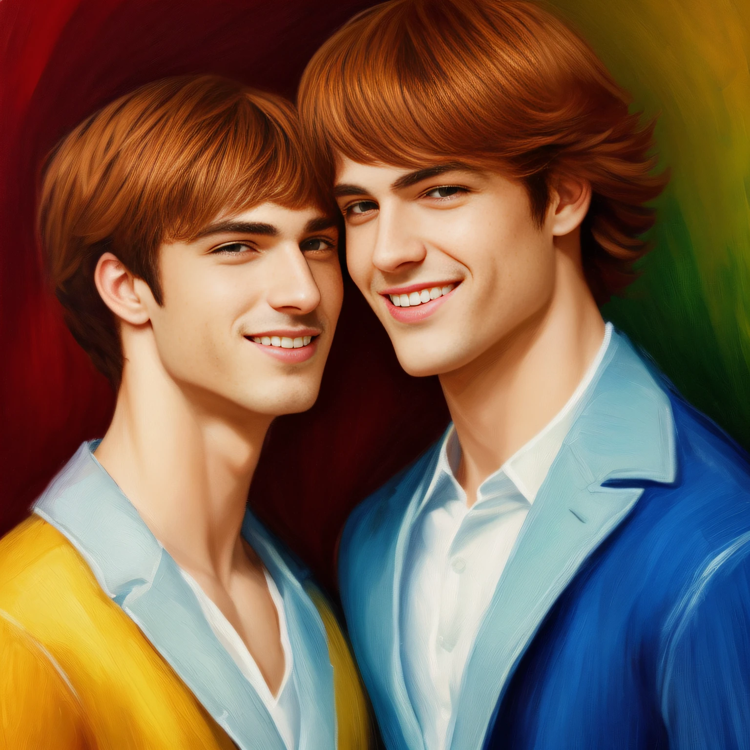 2 Homens gays, homossexuais, romantic attraction, sorridente, um dos dois vestido de mulher e eu usando batom. Pintura sem estilo: "impressionismo", 8K cores. Pinte com cores vibrantes e bem definidas, but in a way that the character is easily recognized and revealing the perfection of the character's facial expression.
