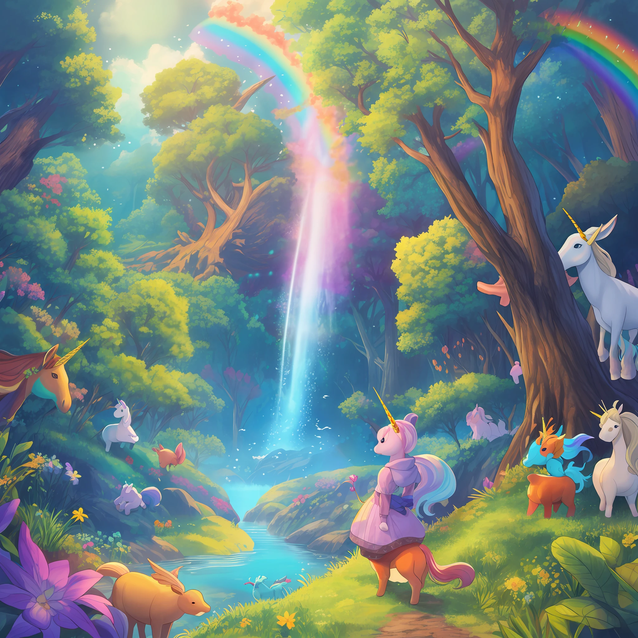 rainbow forest,1 ******, tree, Natureza, coelho, unicorn, waterfull, standing on her feet, ao ar livre, montanha,