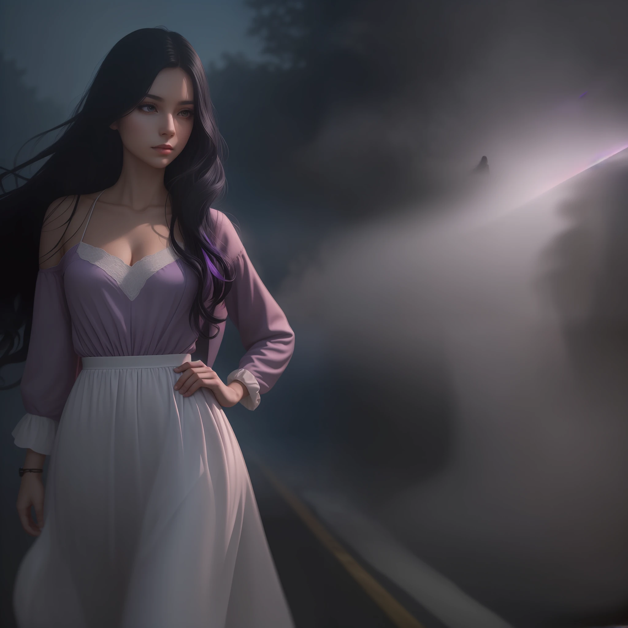 Woman walking head-on down a road at night, with fog and shadows, wavy and long black hair, hand hidden, high quality, ultra-detailed, 8k, masterpiece, (volumetric lighting), black magic, fanciful, lilac colors, purple, black and vivid shadows on the woman's return. --auto --s2