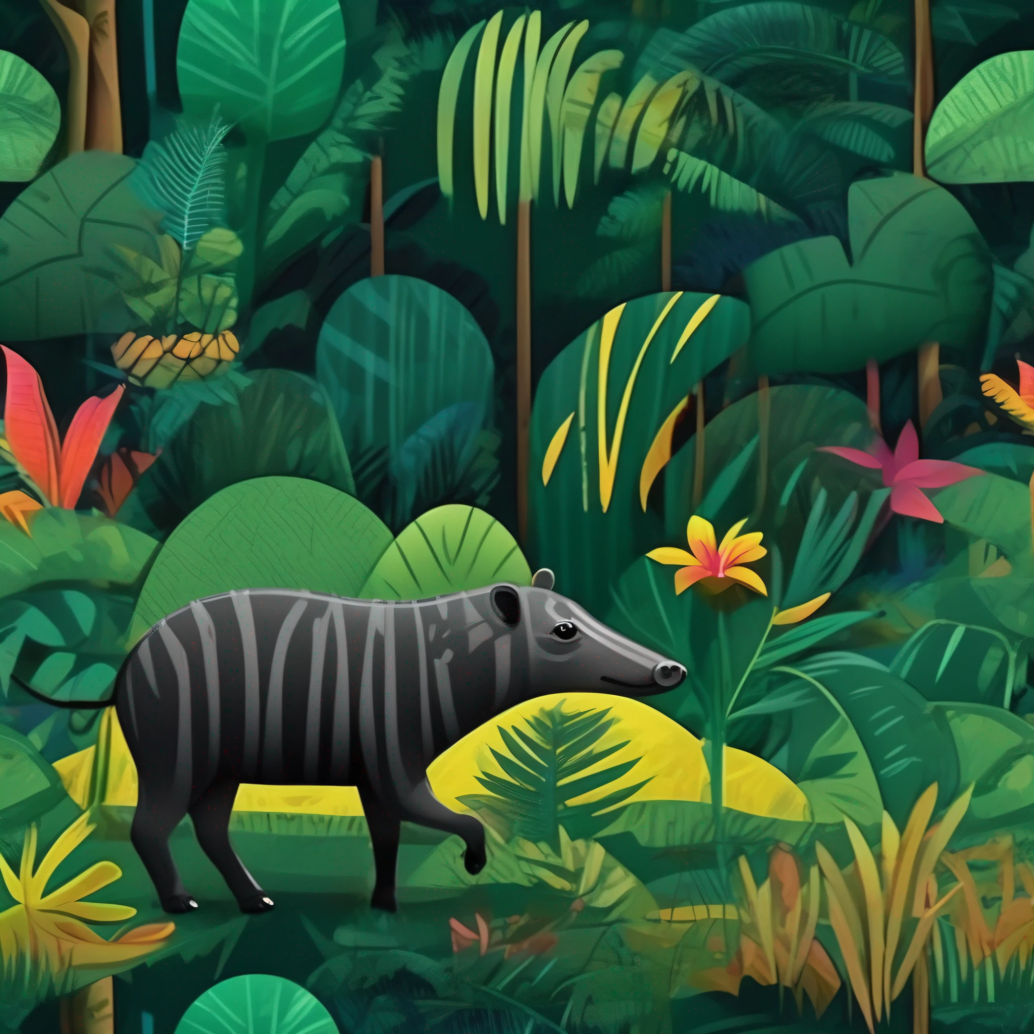 "Obtenha este NFT de desenho digital de uma anta, recalling the importance of the Amazon Rainforest for Brazilian wildlife. Show your support for the conservation of this vital region with the best quality and ultra-detailed details, exceptional lighting and shadow, e um estilo surpreendentemente delicado e bonito. The tapir is floating in a vibrant forest, com profundidade de campo, Petals, elementos como vento, Volumetric sheets and light. This is a real masterpiece in the form of an ultra-detailed CG Unity 8K wallpaper. "