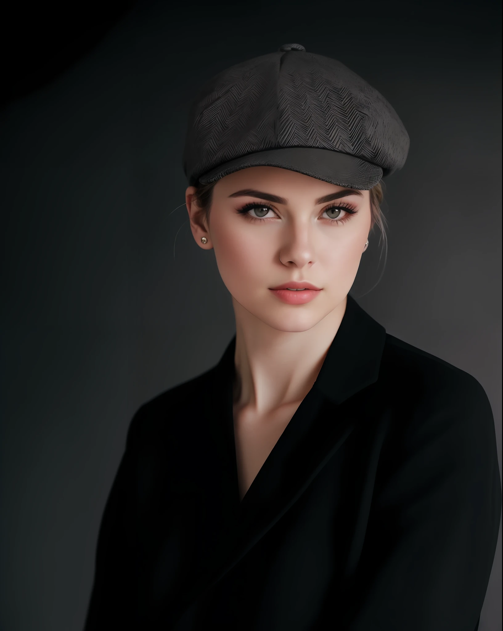 arafed woman in a black coat and hat posing for a picture, 7 0 mm portrait, 60mm portrait, high quality portrait, 50mm portrait, close up portrait photo, portrait fashion model, fashion portrait, sharp looking portrait, 1 3 5 mm nikon portrait, portrait of a beautiful model, wearing newsboy cap, editorial portrait, fine art portrait photography